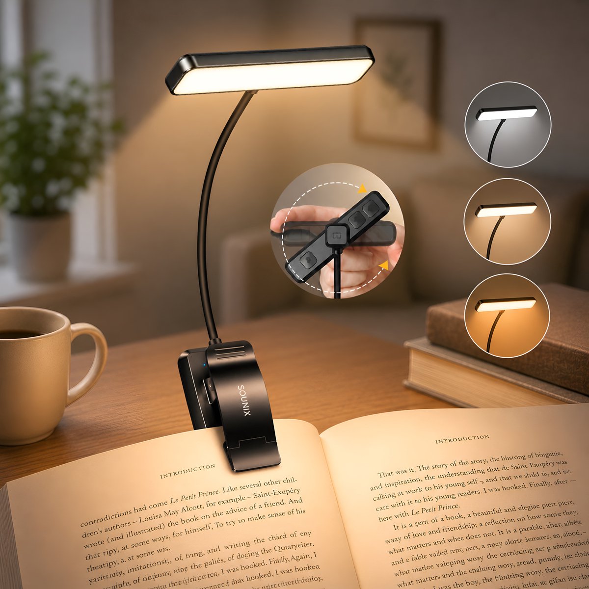 Sounix LED Leeslampje voor Boek met Klem - 315° draaibaar Leeslamp - 24 LED - Boeklampje met 3 Lichtstanden - Oplaadbare boeklamp USB - Dimbaar - Zwart - afbeelding 1