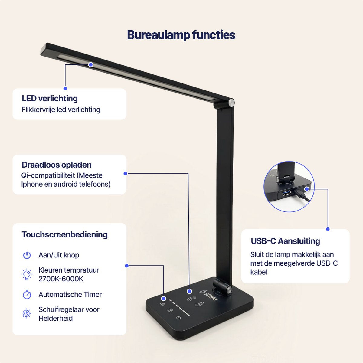 Stane Bureaulamp LED Dimbaar - 5 Lichtkleuren (2700K-6000K) - Touchbediening - USB Oplader - Tafellamp - Leeslamp - Bedlamp - Zwart - afbeelding 2