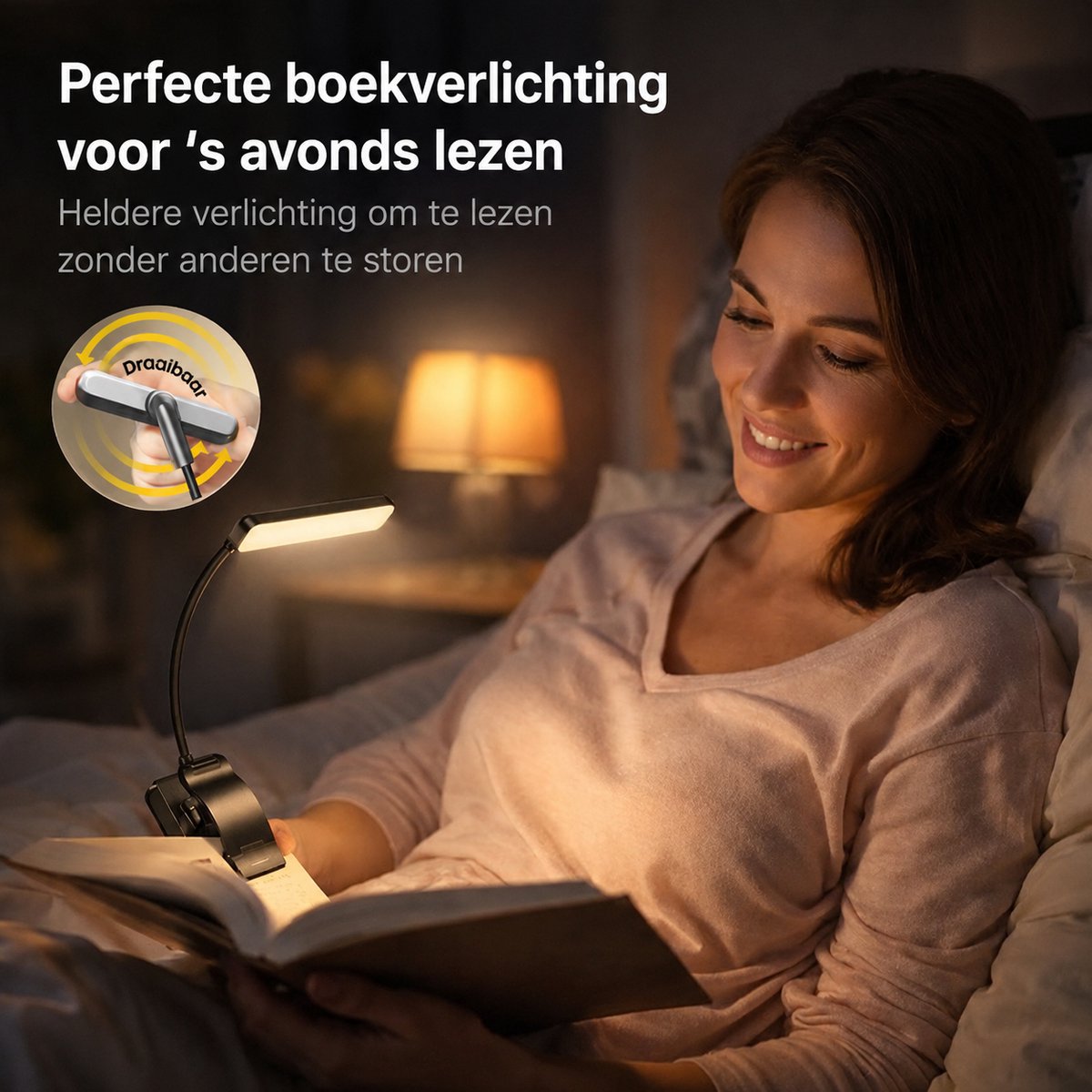 Sounix LED Leeslampje voor Boek met Klem - 315° draaibaar Leeslamp - 24 LED - Boeklampje met 3 Lichtstanden - Oplaadbare boeklamp USB - Dimbaar - Zwart - afbeelding 2