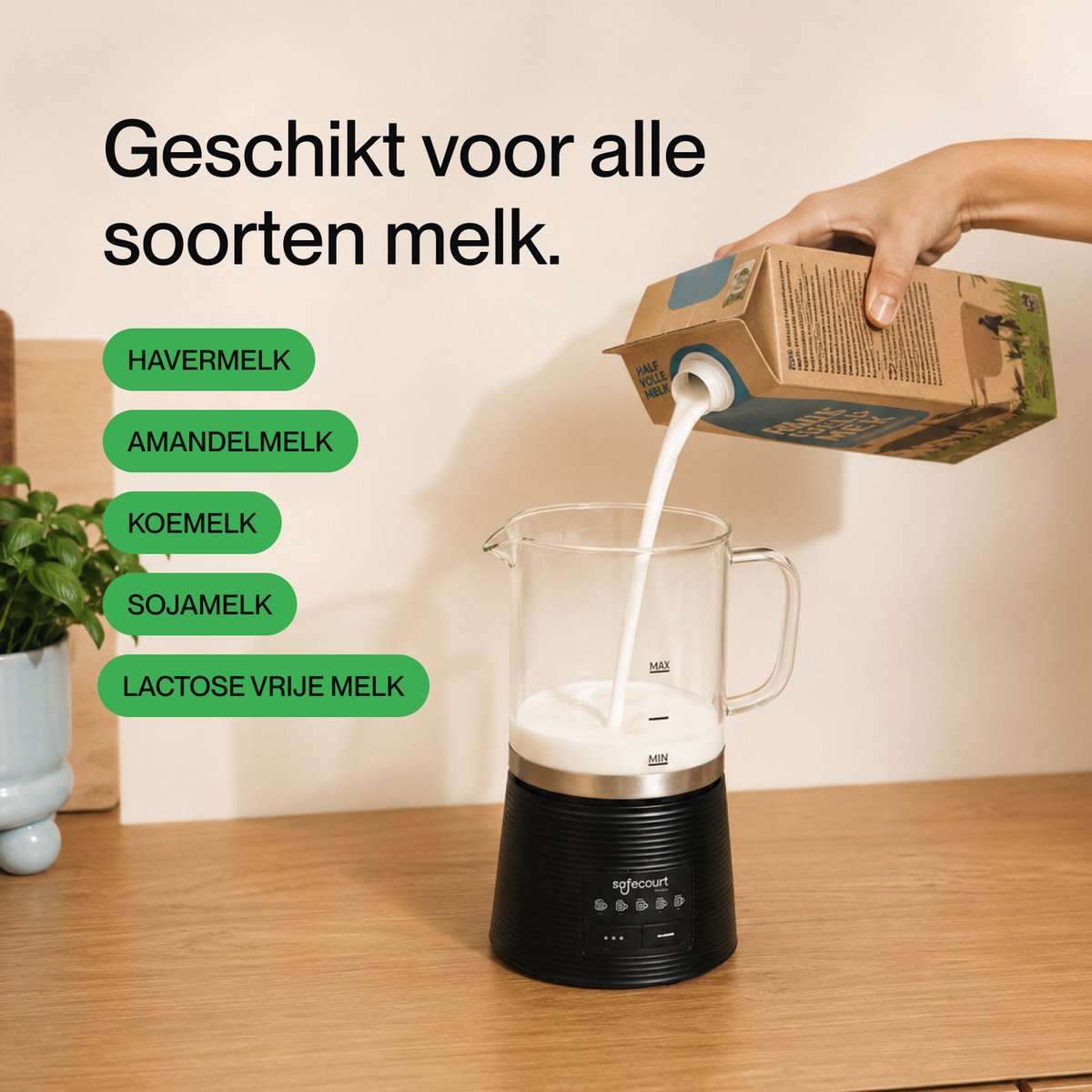 Safecourt Kitchen Glazen Melkopschuimer - Elektrische melkopschuimer - Glazen kan & PFAS-vrij - Vaatwasserbestendig - afbeelding 4