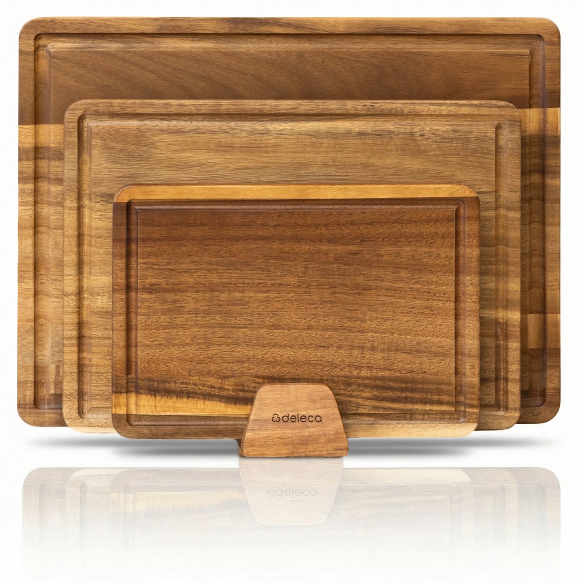 Deleca 3-delige Snijplankenset Sevilla met Houder - Snijplanken (40x30 | 33x24 | 26x18 cm) - Voor Keuken, Serveerplank, Kaasplank, Borrelplank, Snijplank en Tapasplank - FSC Acacia Hout - afbeelding 1
