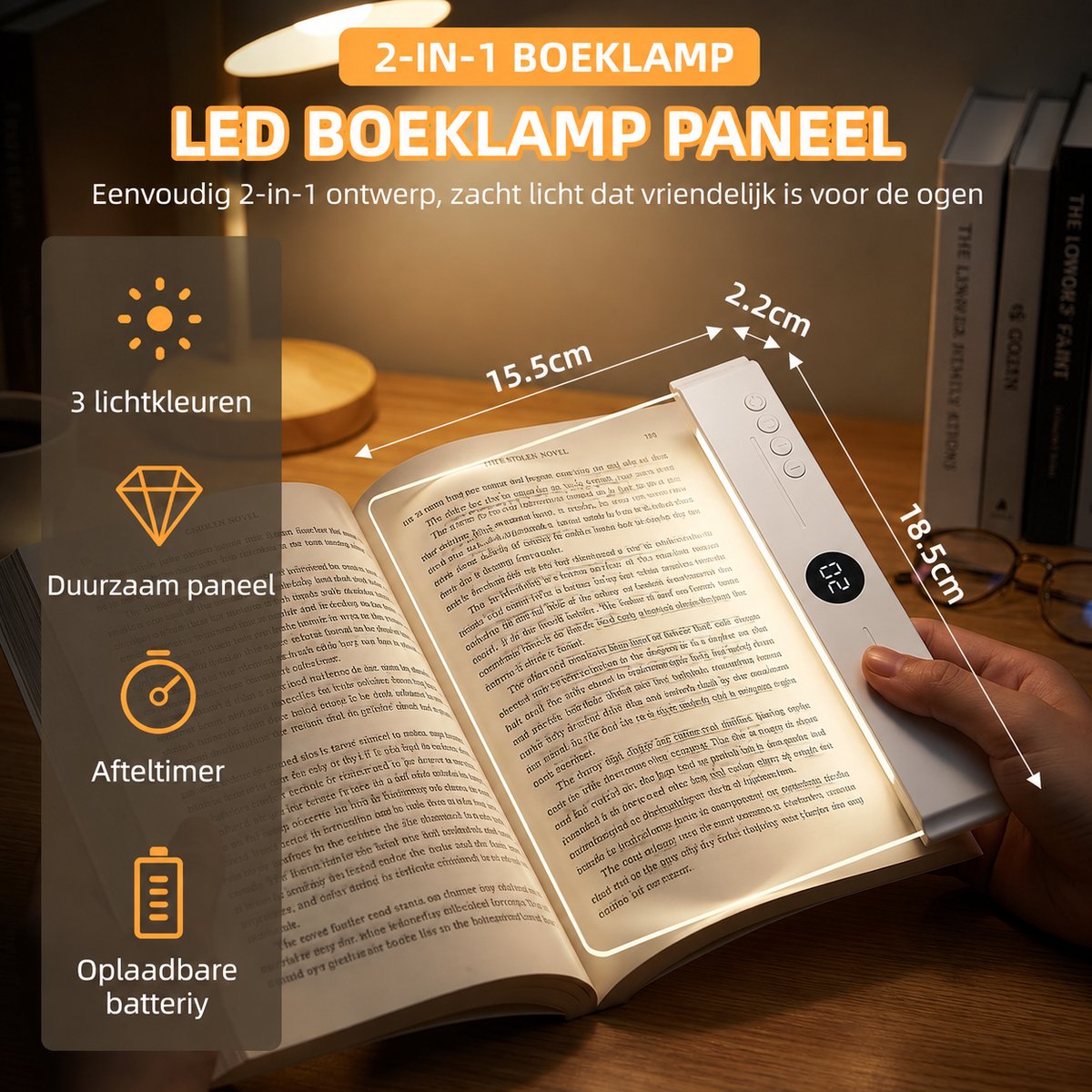 Leeslampje voor Boek - Platte LED Boeklamp - Boekenlegger Boeklamp - Platte Leeslamp - Oplaadbaar USB C - 3 Lichtkleuren Dimbaar met Timer - Geschikt om 's avonds te lezen - afbeelding 3