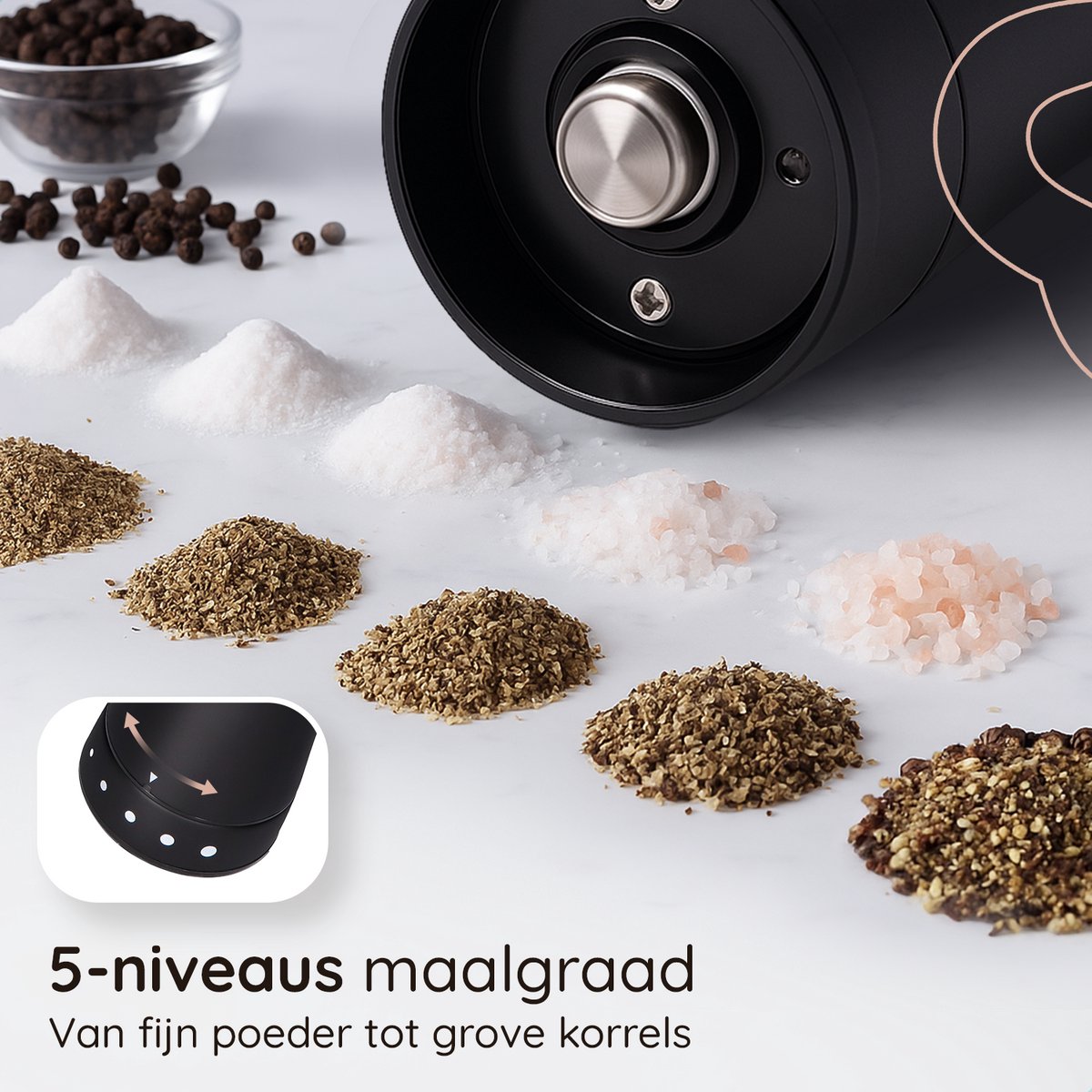 Deleca Elektrisch Peper en Zoutmolen Set Gustaro - 130ml Opslag Capaciteit - Luxe Zout & Pepermolen Stel - Instelbare Maalgraad - Geschenkverpakking Kerst / Sinterklaas Cadeau - USB Oplaadbaar / Zwart - afbeelding 3
