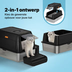 Jake and Jacky RVS Kattenbak - Kattentoilet Roestvrijstaal - Incl. Kattenbakschep met Houder en Gritopvang Opstapje - 2 in 1 Open Kattenbak met Afneembare Deksel - 60x40x38cm - Zwart - afbeelding 3