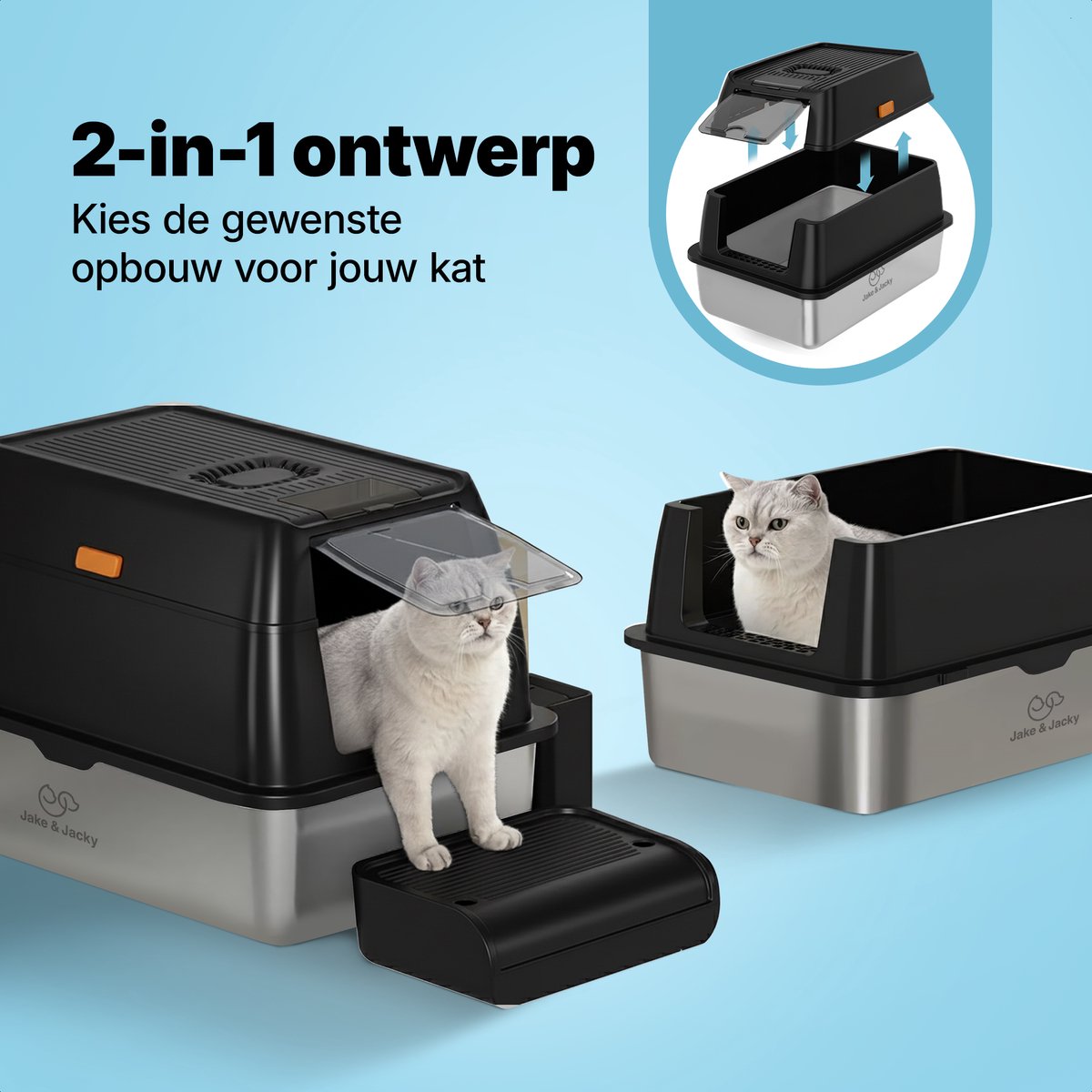 Jake and Jacky RVS Kattenbak - Kattentoilet Roestvrijstaal - Incl. Kattenbakschep met Houder en Gritopvang Opstapje - 2 in 1 Open Kattenbak met Afneembare Deksel - 60x40x38cm - Zwart - afbeelding 3