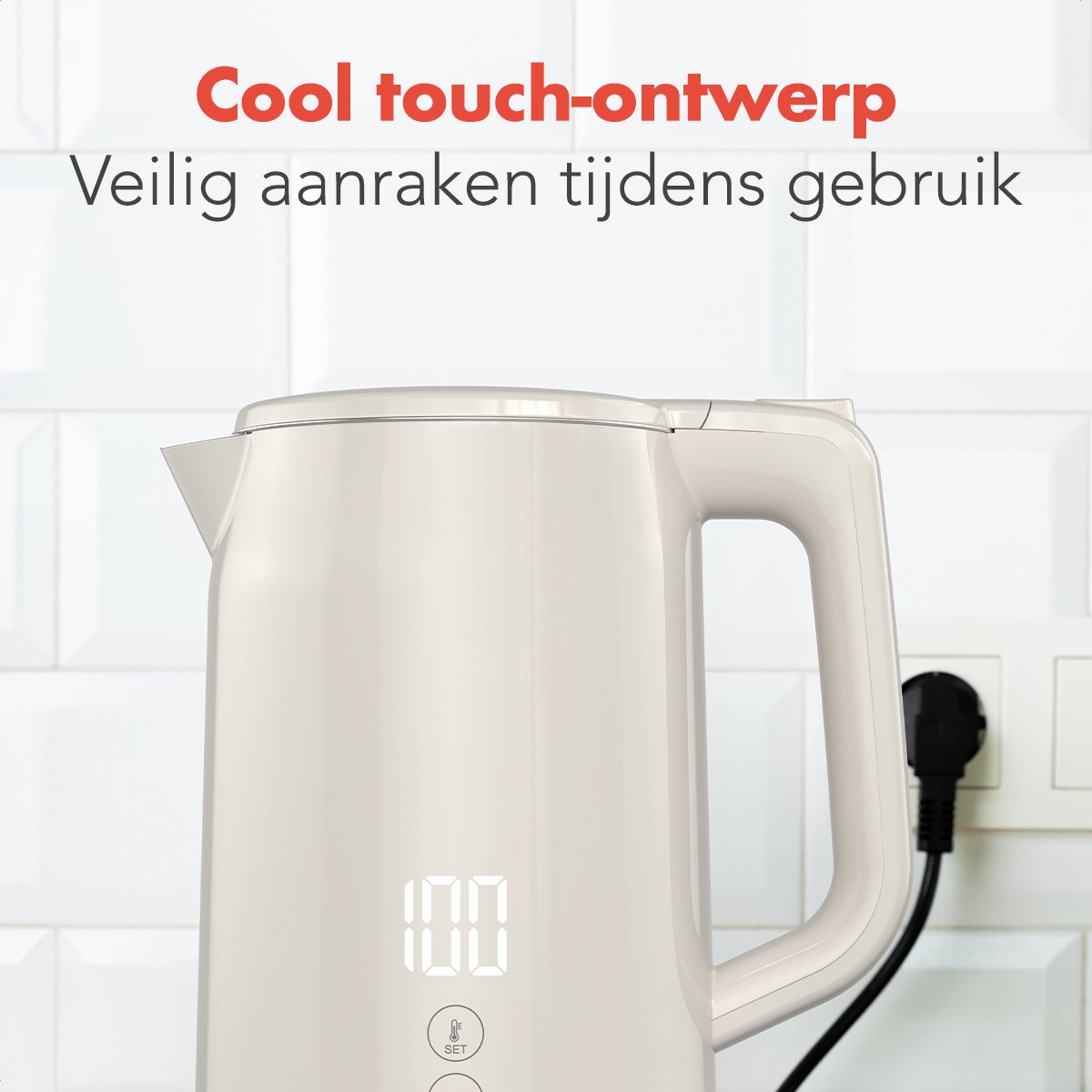KitchenBrothers Waterkoker - 1.7L - Met Temperatuurregeling - PFAS- & BPA-vrij - Warmhoudfunctie - Display - Dubbelwandig - 2200W - Beige - afbeelding 4
