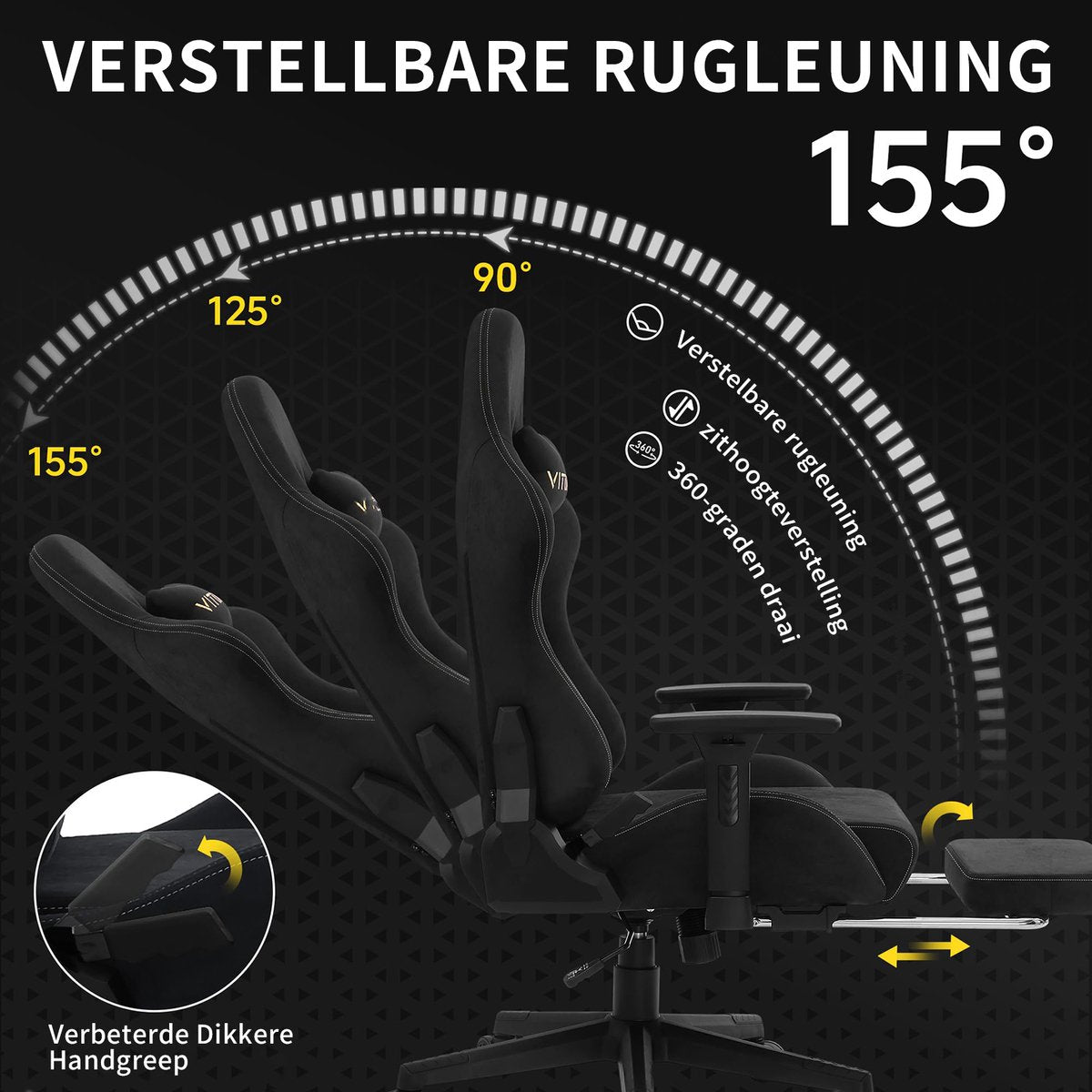 Gaming stoel - luxe imitatie suède Gamestoel- ergonomische bureaustoel met voetensteun - hoofdsteun en lendenkussen-3D armleuningen-90-155 graden rugleuning-zwart - afbeelding 3