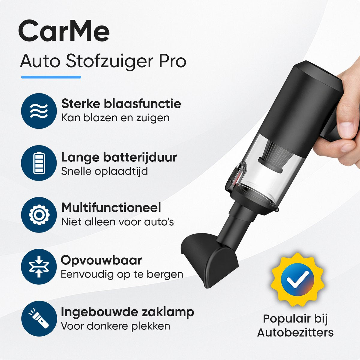 CarMe 2-in-1 Auto Stofzuiger Pro - Zuigen & Blazen - Kruimeldief - 8 Opzetstukken - Oplaadbaar - Handstofzuiger - Air Duster - Zwart - afbeelding 2