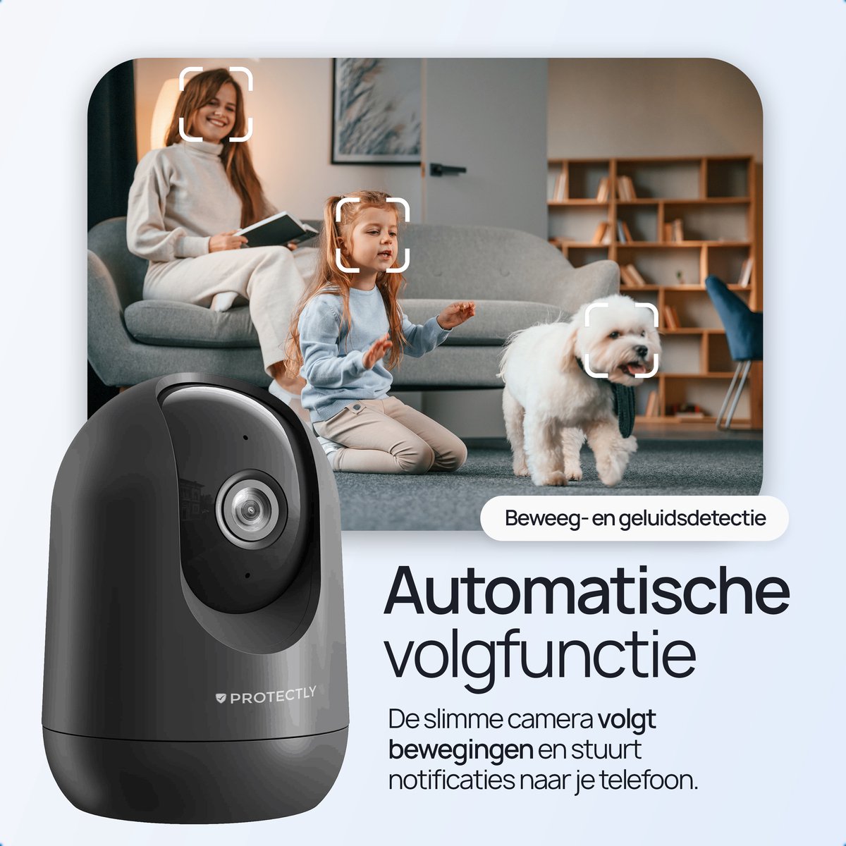 Protectly® Beveiligingscamera binnen - 2K Ultra HD - 64GB SD - Huisdiercamera met app - Beveiligingscamera's - Wifi Camera APP - Volgt beweging en geluidsdetectie - Bewakingscamera - 2.4/5 GHz - Zwart - afbeelding 3