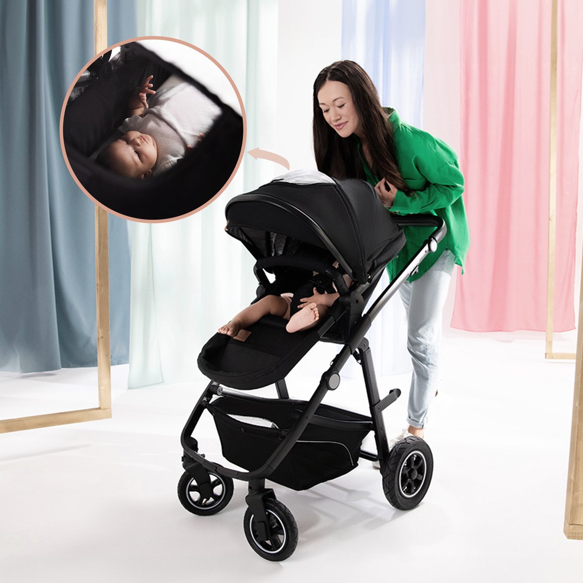Lionelo Bianka Kinderwagen 3 in 1 - Reiswieg + Wandelwagen + Autostoel - Grote Luchtbanden, Volledige Vering - Inklapbaar - Verstelbare duwstang - Buggy Omkeerbare Zitting - 0-22kg - Accessoireset - Beige - afbeelding 5
