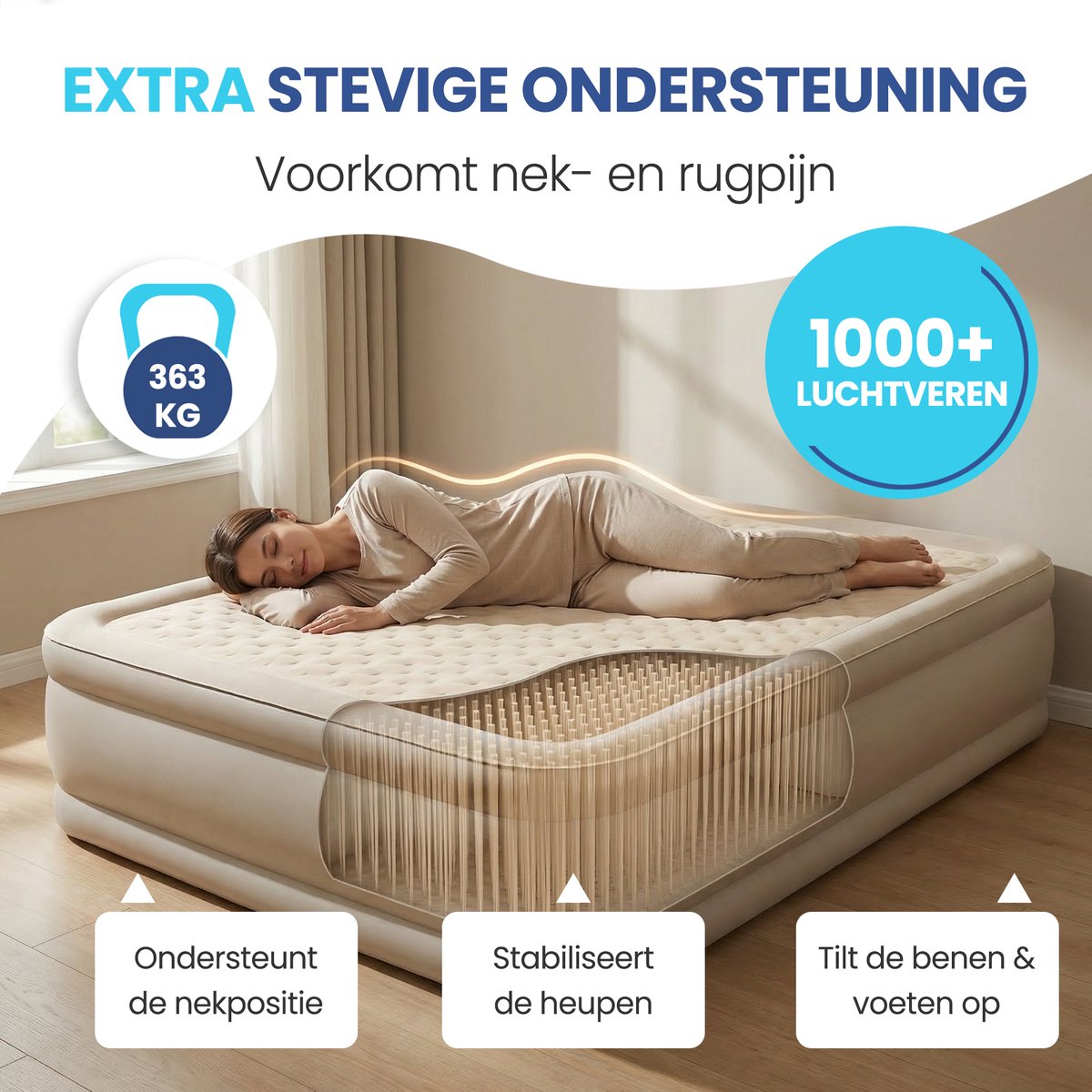 FLOAT - 2 Persoons luchtbed met (5 cm) Foam Topper - 203x152x45 cm - Opbergzakken, draagtas en reparatiekit - Zelfopblazend Twee persoons luchtmatras - Ingebouwde elektrische pomp - Stevig Logeerbed - CloudSpring - Beige - afbeelding 4