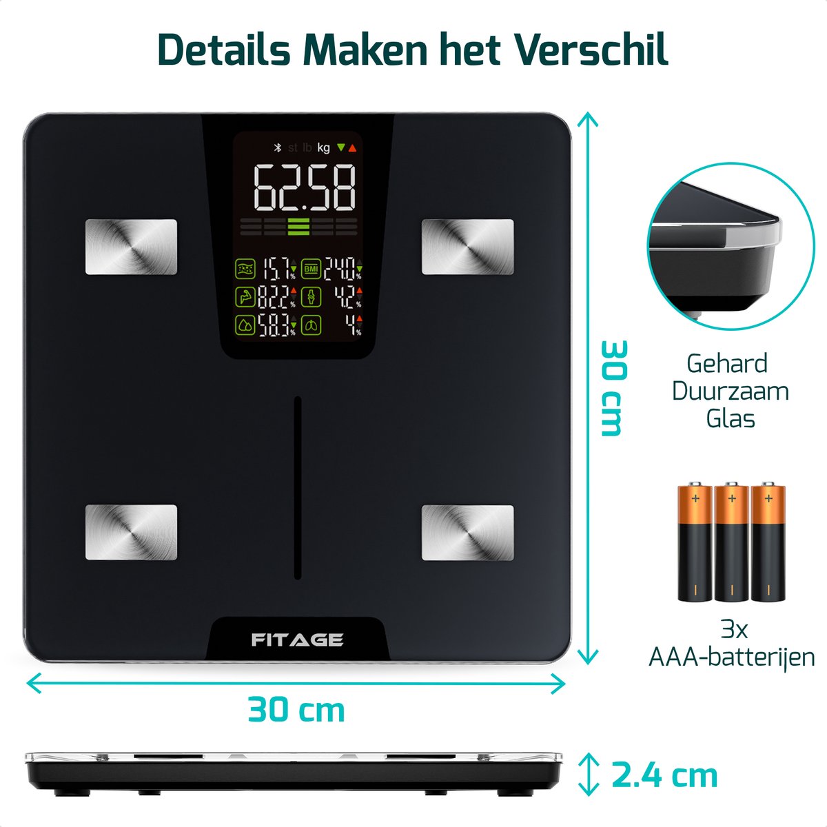 FITAGE LED Weegschaal Personenweegschaal Digitaal - Slimme Weegschaal met 17x Lichaamsanalyse - Weegschalen - FITAGE App - afbeelding 5