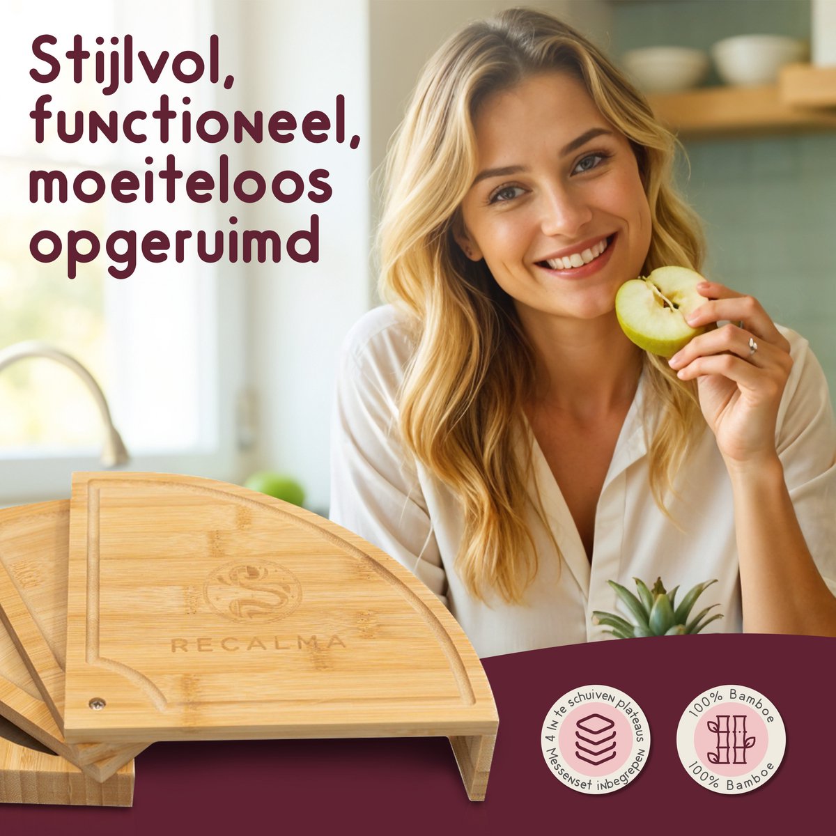 Recalma Tapasplank - Kaasplank - Hapjesplank Bamboe - Borrelplank - 4 lagen - Inclusief twee kaasmesjes - Ronde serveerplank - afbeelding 5