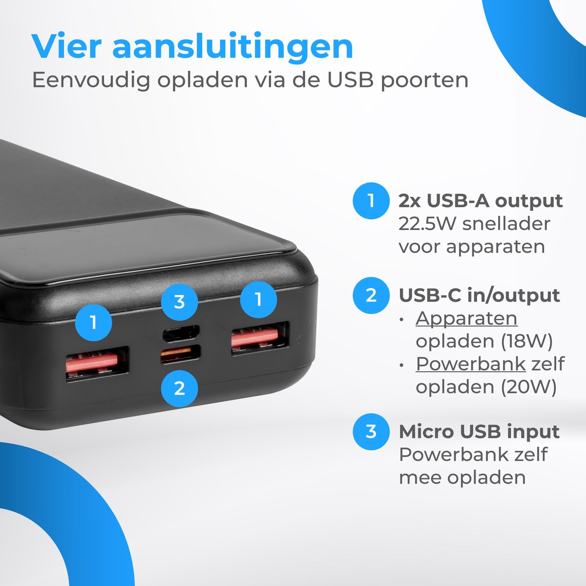 Nuvance Powerbank 20000 mAh - 22.5W Snellader - Usb, Usb-C & Micro Usb - Universeel - Incl. 22.5W Snellaadkabel - Gadgets - Reis Powerbanks - afbeelding 5