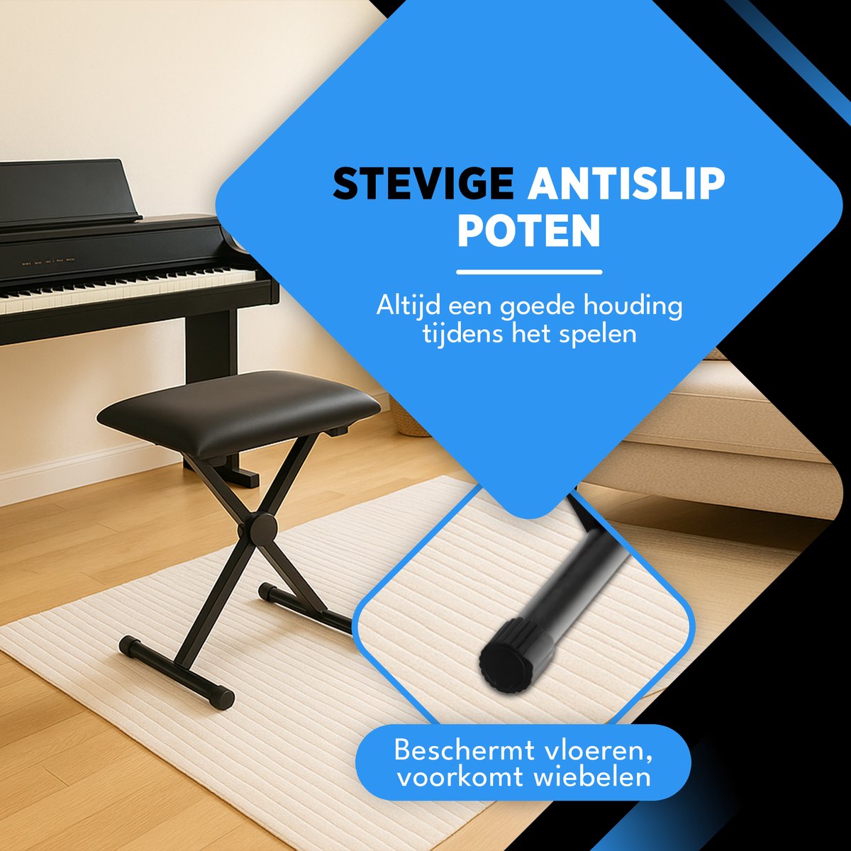Finesse Pianokruk - Inklapbaar - in Hoogte Verstelbaar - met Kussen - Pianobank - Pianostoel - Zwart - afbeelding 5