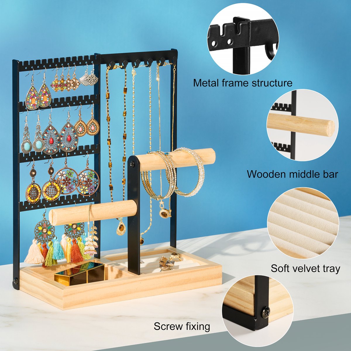YONO Sieradenhouder - Sieradenrekje - Organizer voor Oorbellen - Kettingen - Armbanden - Opbergen - Houder - Zwart - afbeelding 3