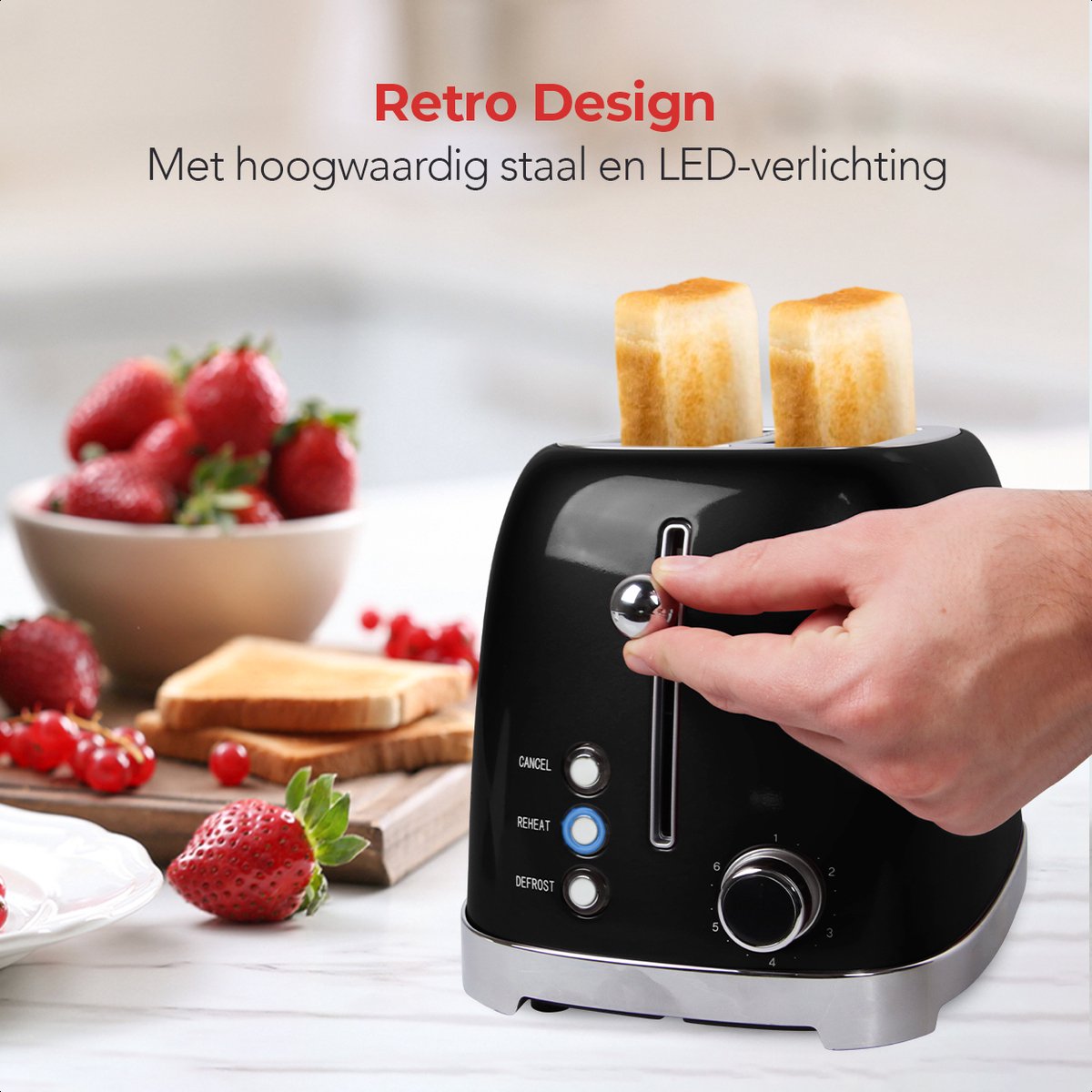 KitchenBrothers Retro Broodrooster - Toaster - 6 Warmteniveaus - 2 Extra Brede Sleuven - BPA-vrij - 815W - Zwart - afbeelding 3