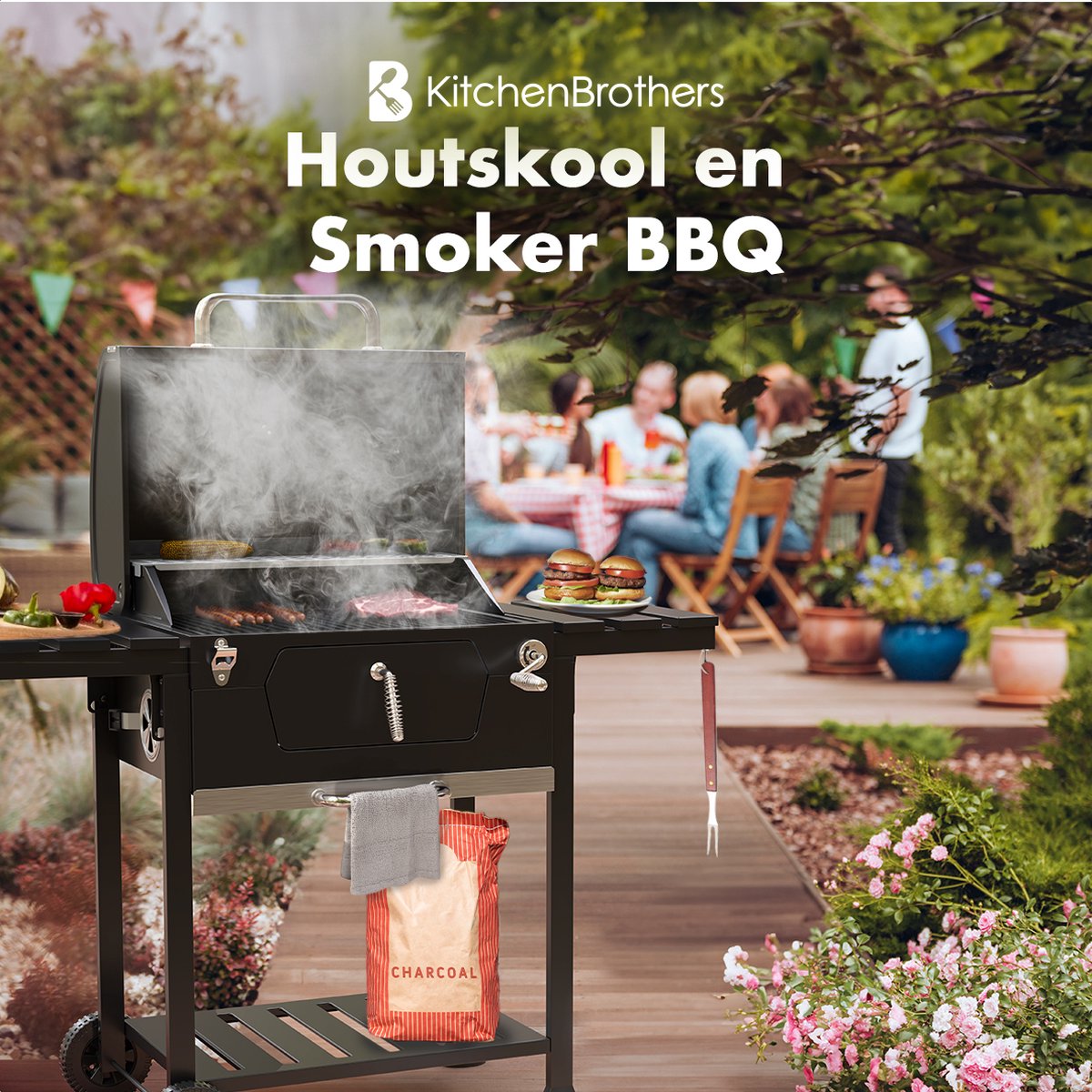 KitchenBrothers Houtskool BBQ - Smoker Barbecue - Verstelbaar Kolenrooster - PFAS Vrij - 42x57cm Grilloppervlak - Zijpanelen - Zwart - afbeelding 2