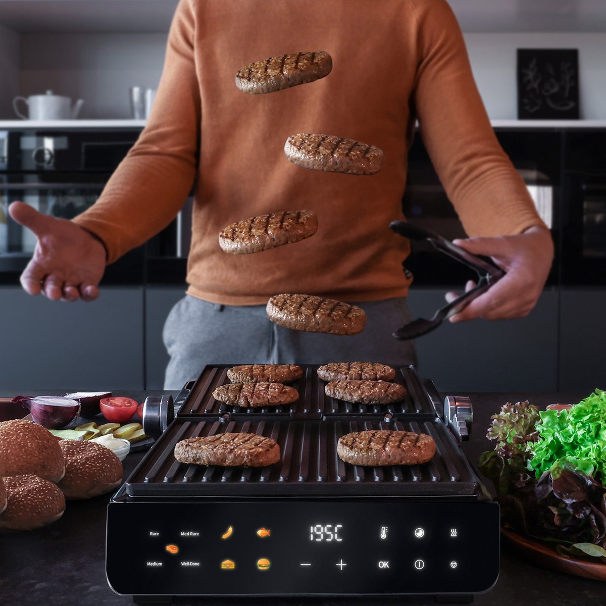 PFAS-Vrije Contactgrill met Zwevende Bovenplaat - Uitneembare platen - 180ºC Uitklapbaar - Grill apparaat 2000W - Tosti en Panini - 120ºC tot 230ºC - JAP Appliances Integrill - afbeelding 5
