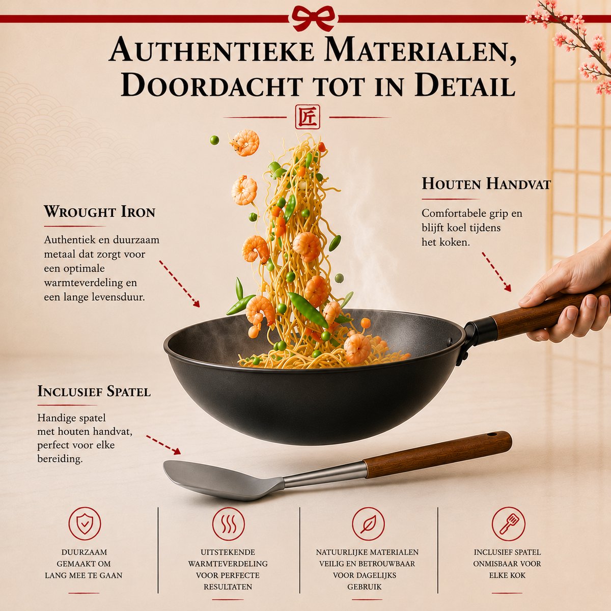 Rednas Takumi Series Wokpan met Deksel – 32 cm – PFAS-vrij – Geschikt voor Inductie, Gas, Keramisch & Elektrisch – Inclusief Houten Spatel – Japans Design - afbeelding 3