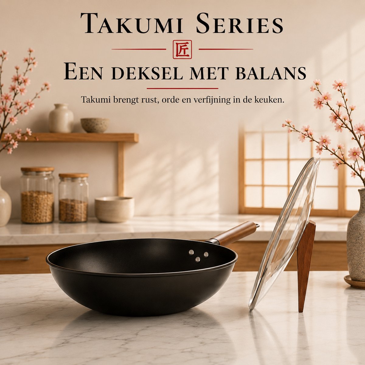 Rednas Takumi Series Wokpan met Deksel – 32 cm – PFAS-vrij – Geschikt voor Inductie, Gas, Keramisch & Elektrisch – Inclusief Houten Spatel – Japans Design - afbeelding 5