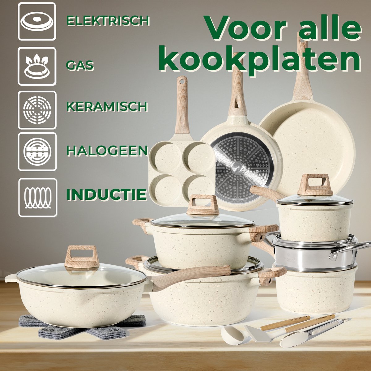21-delige pannenset antiaanbaklaag in beige graniet - afbeelding 5