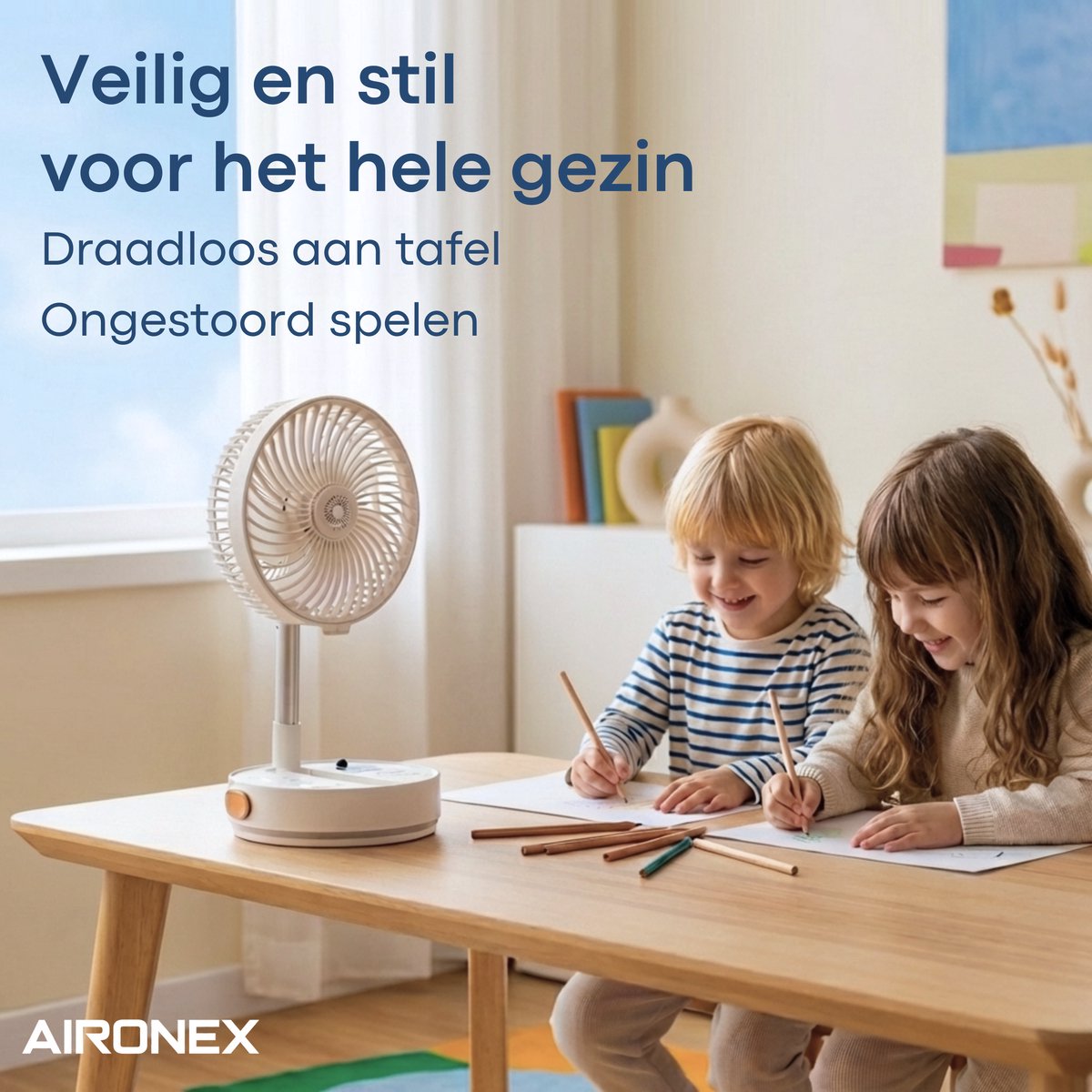 Aironex Opvouwbare Draagbare Ventilator – Stille Tafelventilator & Staande Ventilator – USB Oplaadbaar en Draadloos met LED-licht – Compacte Mini Ventilator voor Bureau, Slaapkamer, Thuis, Kantoor & Camping - Ventilatoren - afbeelding 3