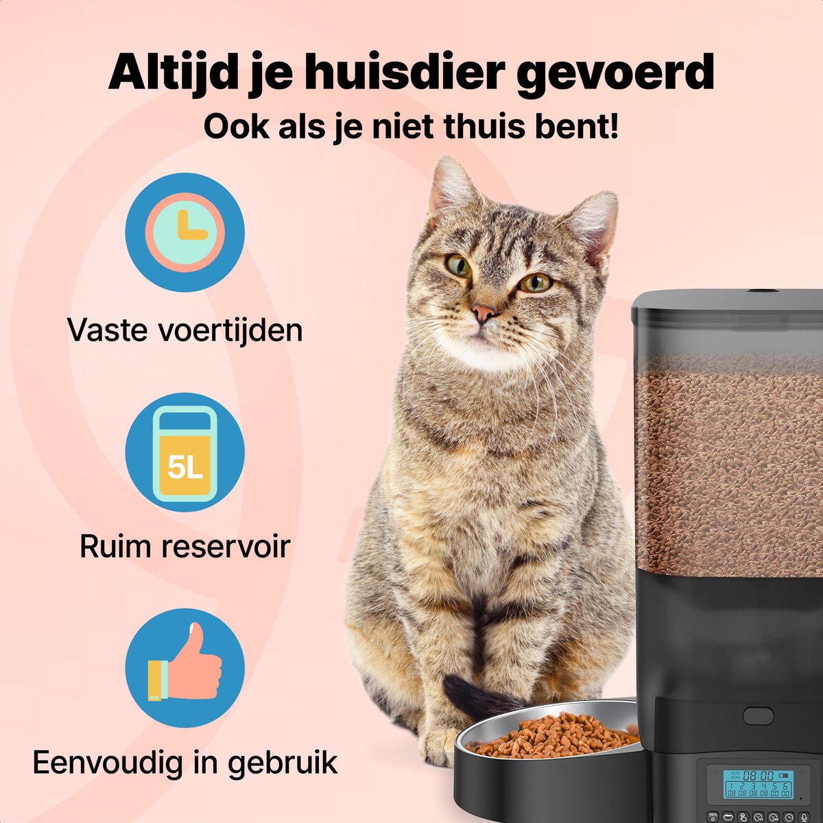 Jake and Jacky Automatische Voerbak - Inclusief 2 RVS Voerbakken & 2 Slowfeeders - Voerautomaat & Anti-Schrokbak - Voerdispenser Kat en Hond - Eetbak voor Katten & Honden - 5 Liter - Zwart - afbeelding 2