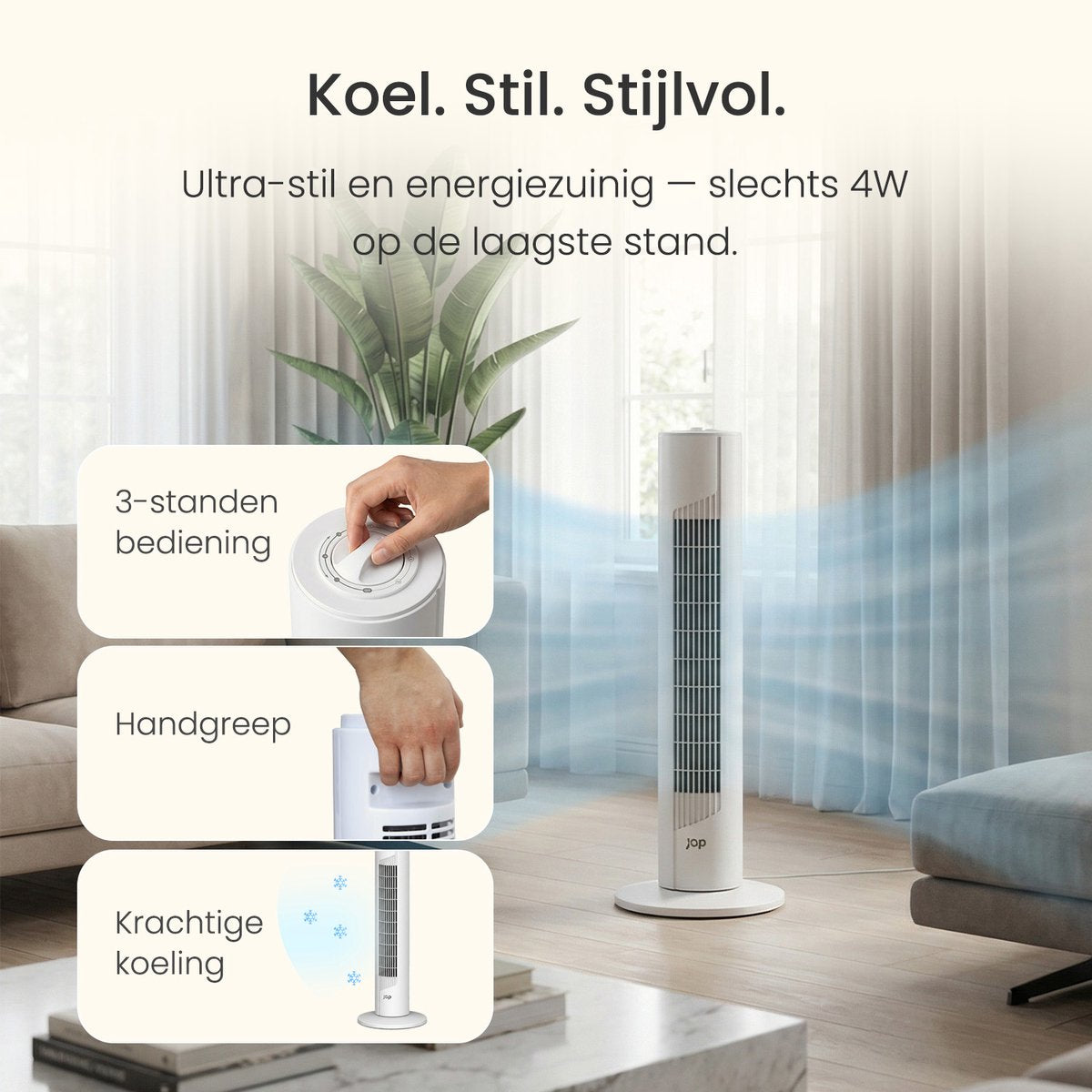 Energiezuinige Ventilator - Torenventilator met 3 blaasstanden en oscilatie - Slaapkamer - Wit - JAP Quebec - afbeelding 5