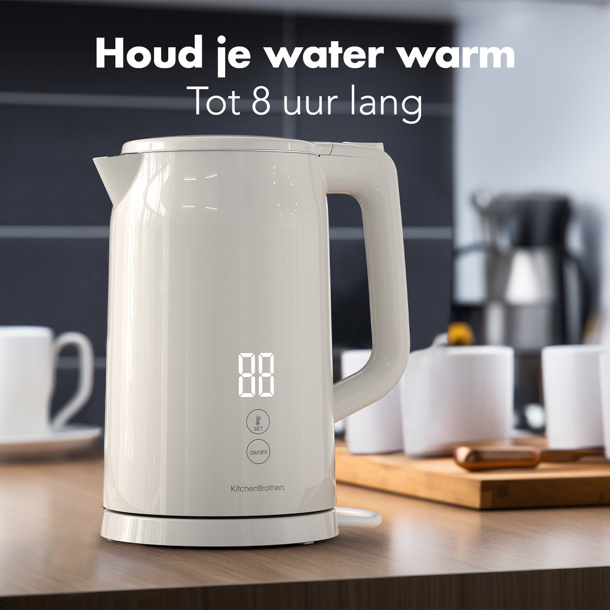 KitchenBrothers Waterkoker - 1.7L - Met Temperatuurregeling - PFAS- & BPA-vrij - Warmhoudfunctie - Display - Dubbelwandig - 2200W - Beige - afbeelding 5