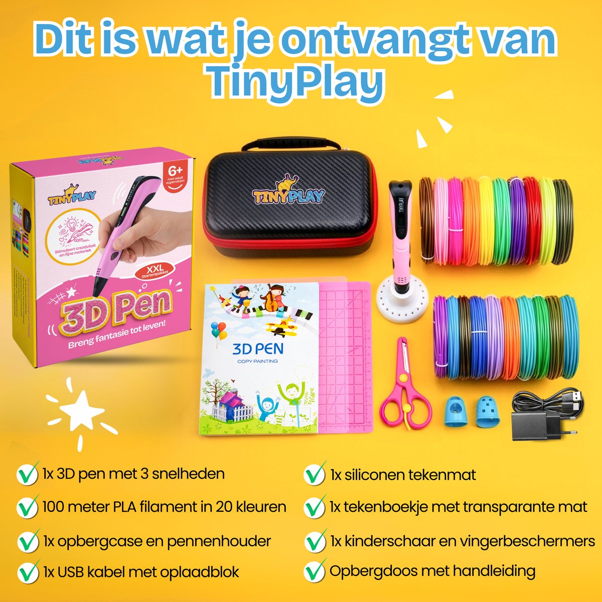 TinyPlay 3D Pen Starterspakket XXL - 100 m PLA Filament - afbeelding 3
