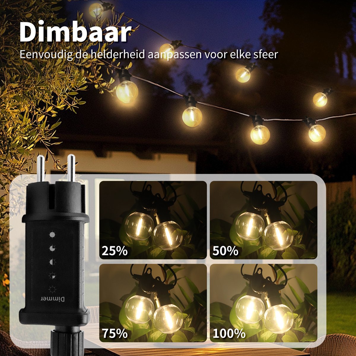 EverNeeds G50 Lichtsnoer Buiten - Prikkabel 12m - 25 LED - IP65 - Met Dimfunctie - Lichtslinger - Sfeerverlichting Buiten en Binnen - Warm Wit 2700K - 3 Extra LED’s - afbeelding 3
