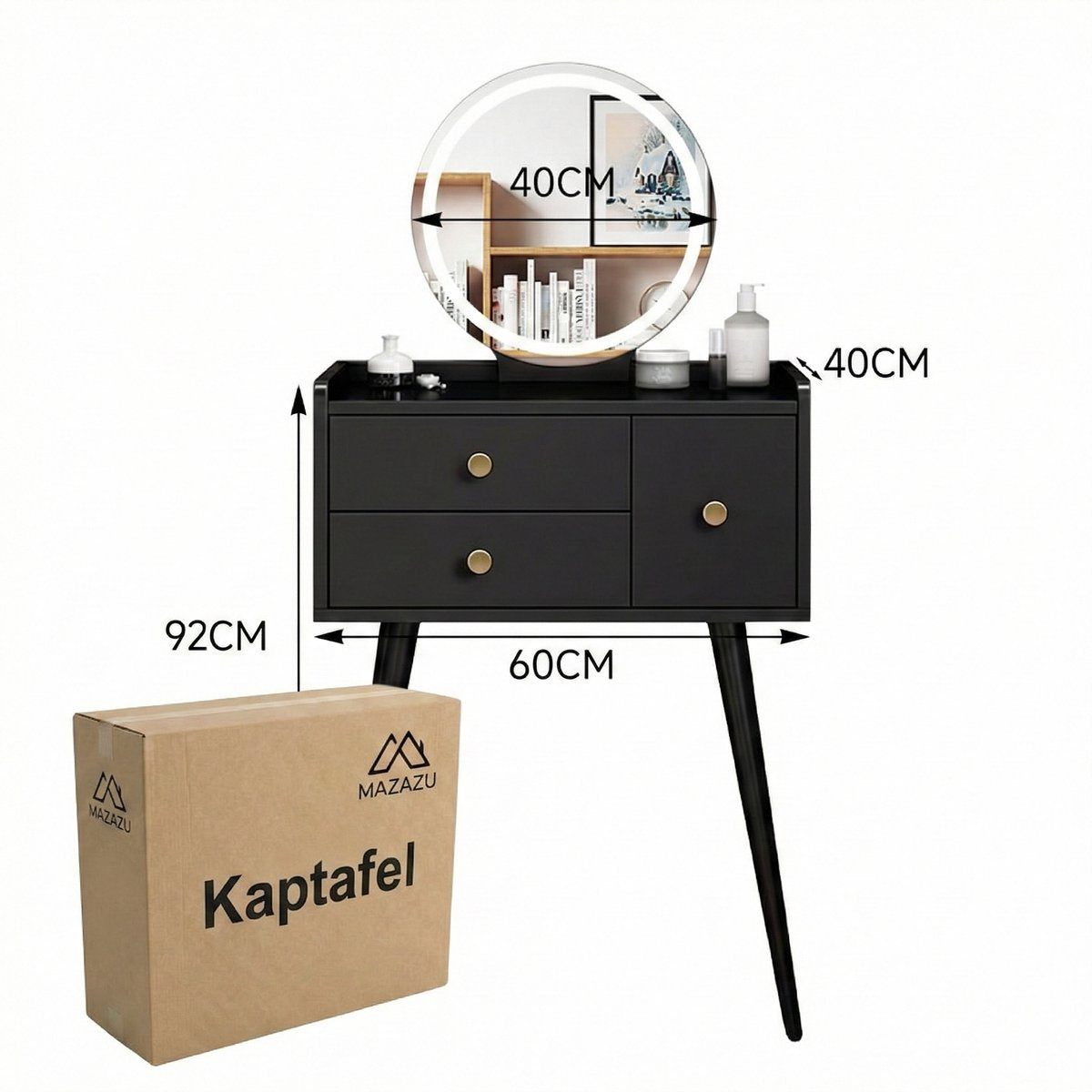 MAZAZU Kaptafel zwart met lades en LED-spiegel –Make up - tafel - 135cm - afbeelding 5