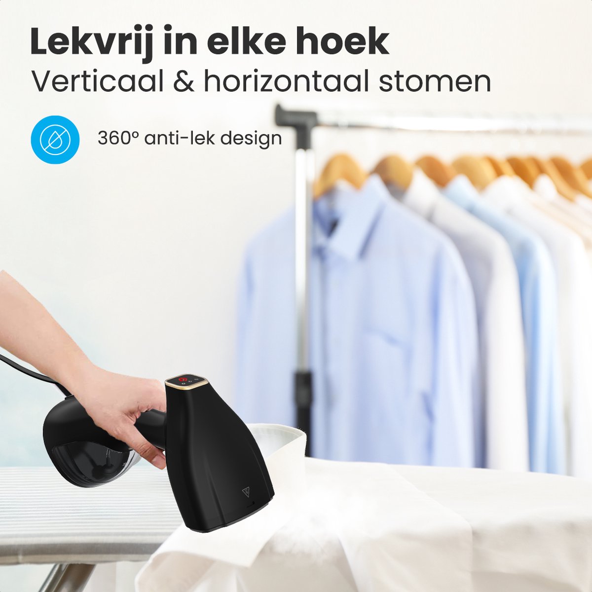 Auronic Kledingstomer - Stoomapparaat - Krachtige Handstomer Kleding en Meubilair - 300ml - 1500W - Steamer - 2 Opzetstukken - Extra Lang Snoer - Zwart - afbeelding 3