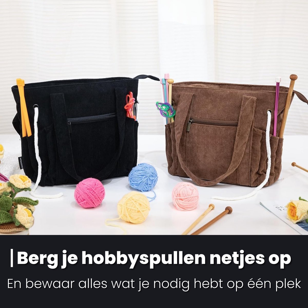 Opbergtas Breien & Haken - Voor Garen, Naalden & Accessoires - Breitas - Haaktas - Hobbytas - Handwerktas - Ribstof - afbeelding 2
