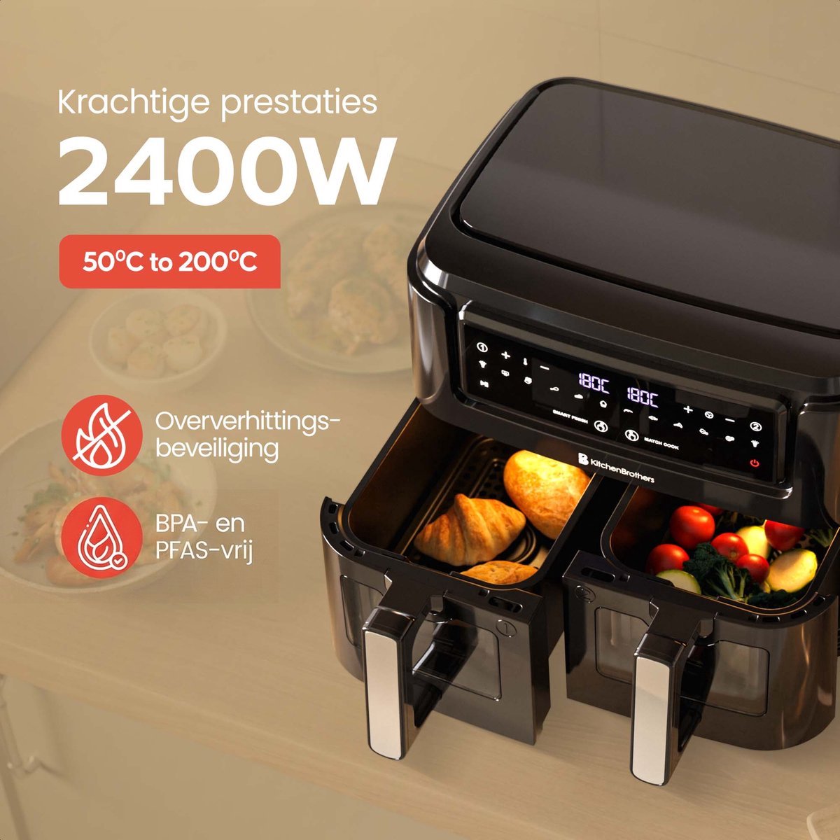 KitchenBrothers Dubbele Airfryer - PFAS-vrij - 2400W - Dual Zone - 9L - Heteluchtfriteuse - Airfryer XXL - 2 x 4.5L - 10 Kookprogramma's - Zwart - afbeelding 5