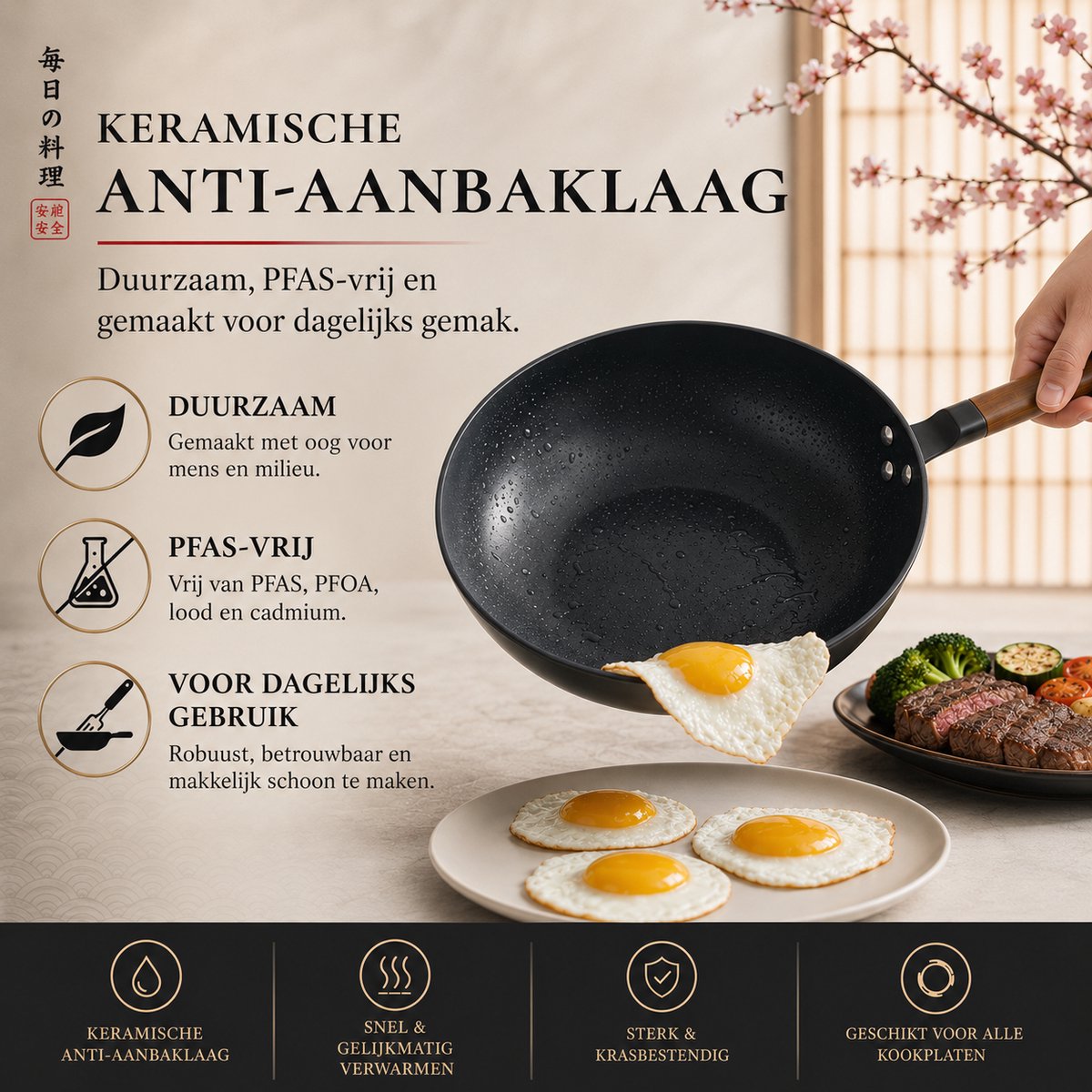 Rednas Takumi Series Wokpan met Deksel – 32 cm – PFAS-vrij – Geschikt voor Inductie, Gas, Keramisch & Elektrisch – Inclusief Houten Spatel – Japans Design - afbeelding 4