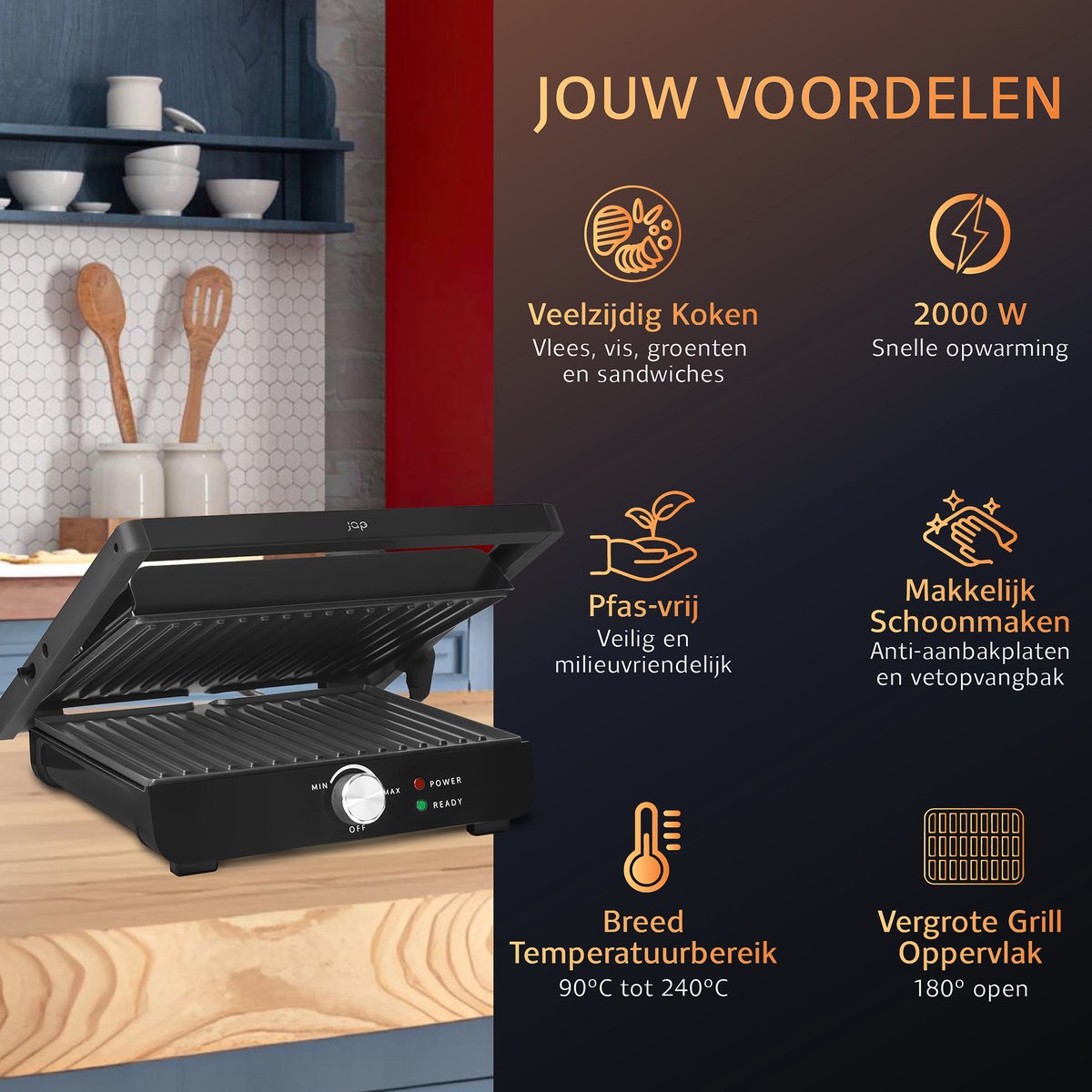 PFAS-Vrije Contactgrill (2000W) met temperatuur aanduiding - 180°C Uitklapbaar tosti apparaat - Inclusief vetbakje - <30 seconden opgewarmd grill ijzer - Zwart - JAP Appliance Caligrill - afbeelding 3