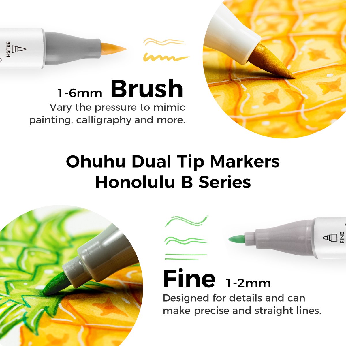 Ohuhu - Honolulu B Brush & Fine - Alcohol Art Markers - 104 kleuren - afbeelding 3
