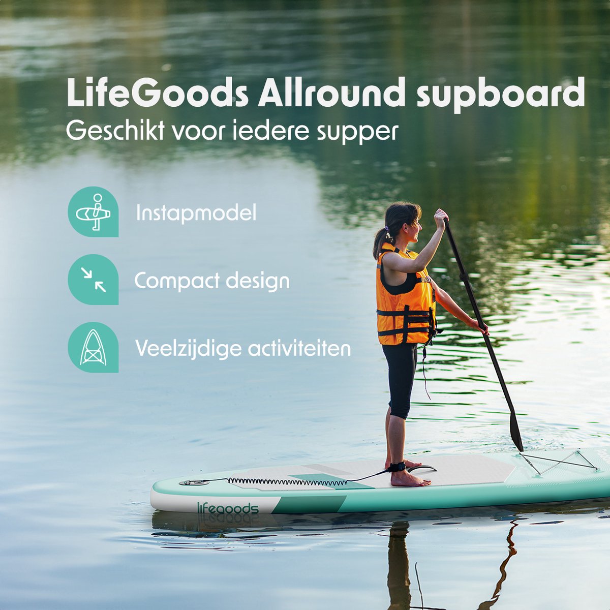 LifeGoods SUP Board Allround Compact - 120 KG Draagkracht - 300 x 76 cm - Opblaasbaar - Compleet SUP pakket - Mintgroen - afbeelding 2