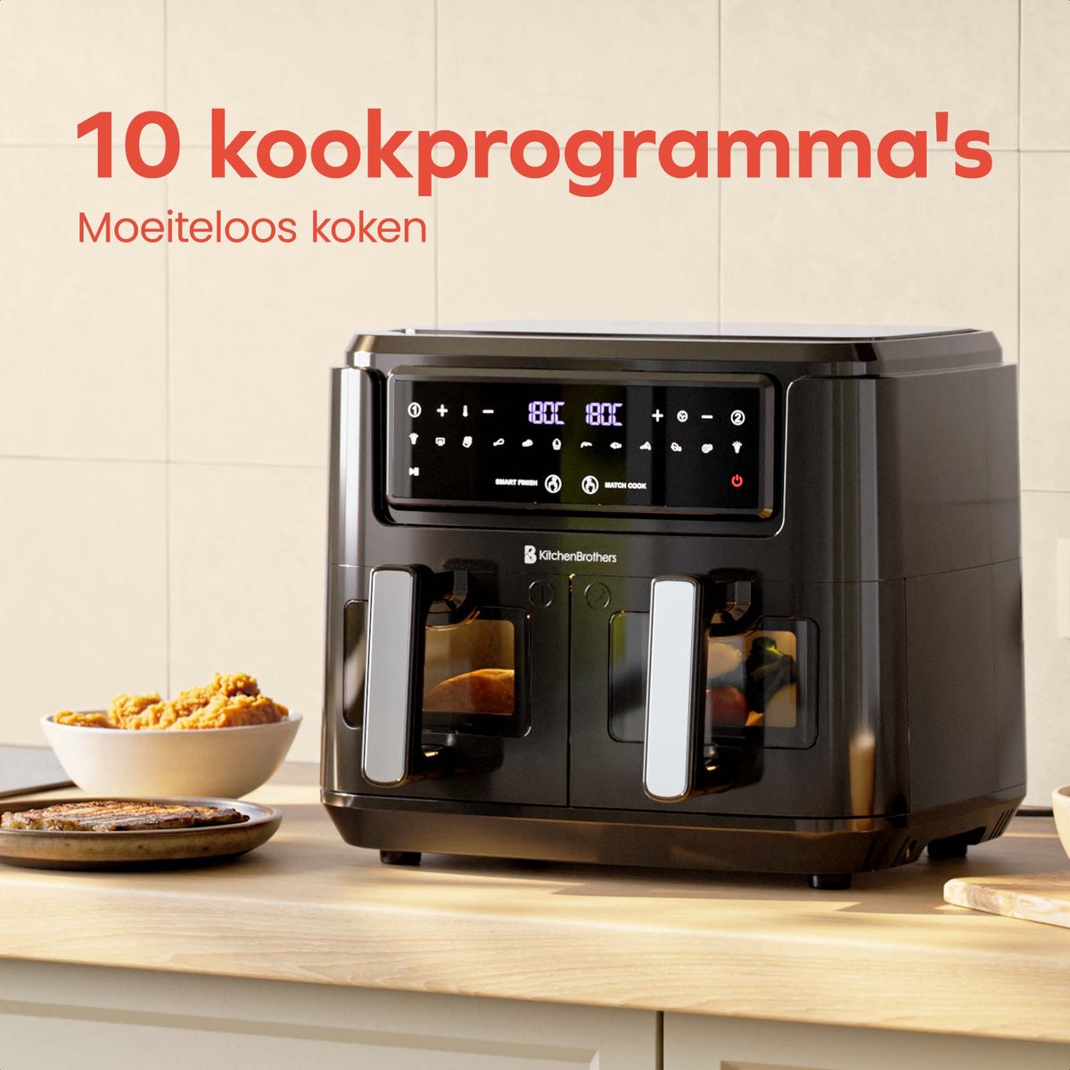 KitchenBrothers Dubbele Airfryer - PFAS-vrij - 2400W - Dual Zone - 9L - Heteluchtfriteuse - Airfryer XXL - 2 x 4.5L - 10 Kookprogramma's - Zwart - afbeelding 3
