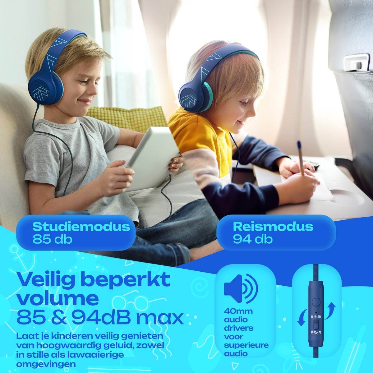 PowerLocus PLED Wired Kinder Koptelefoon met Draad - Koptelefoon voor kinderen - Veilig volume van 85dB en 94dB - afbeelding 2