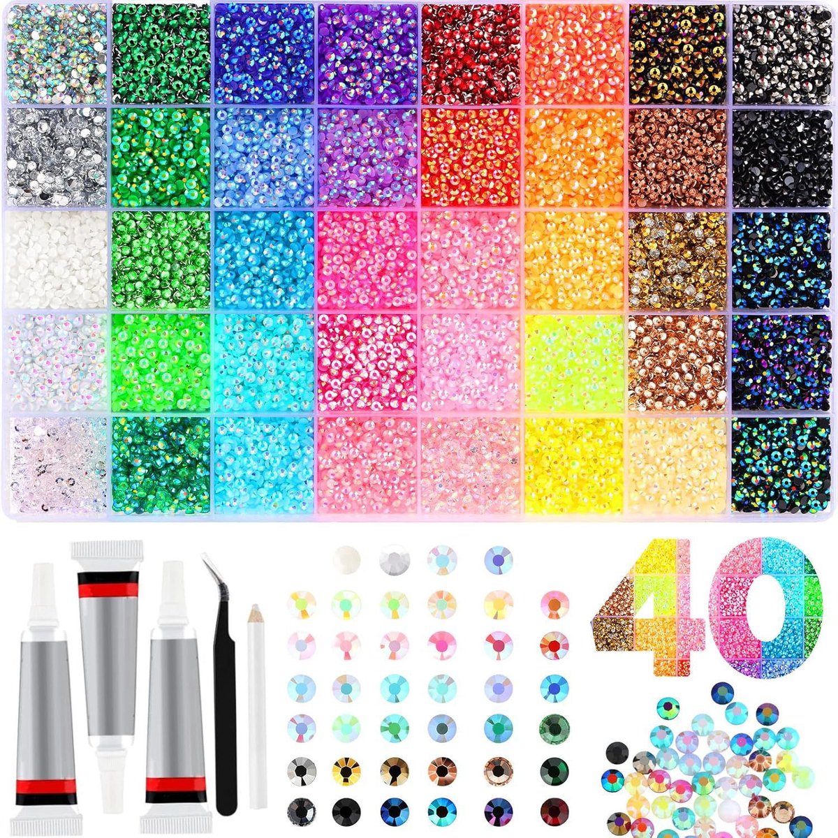 Luxe Strasssteentjes Set - 32.000 Stuks - 40 Kleuren - XXL DIY Rhinestones Kit met 3x 10ml Lijm - Plaksteentjes voor Kleding, Mokken, Schoenen & Nagels - Hobby Pakket - 0.3 cm - afbeelding 1
