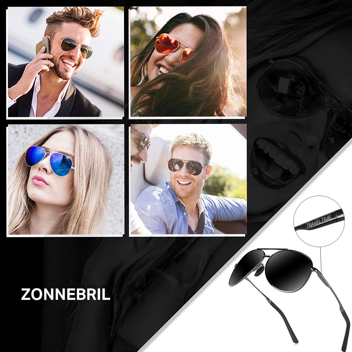 Traveltime® - Piloten Zonnebril - Gepolariseerd - Dames / Heren - Unisex - met Volledig Cadeaupakket - Zwart - afbeelding 4