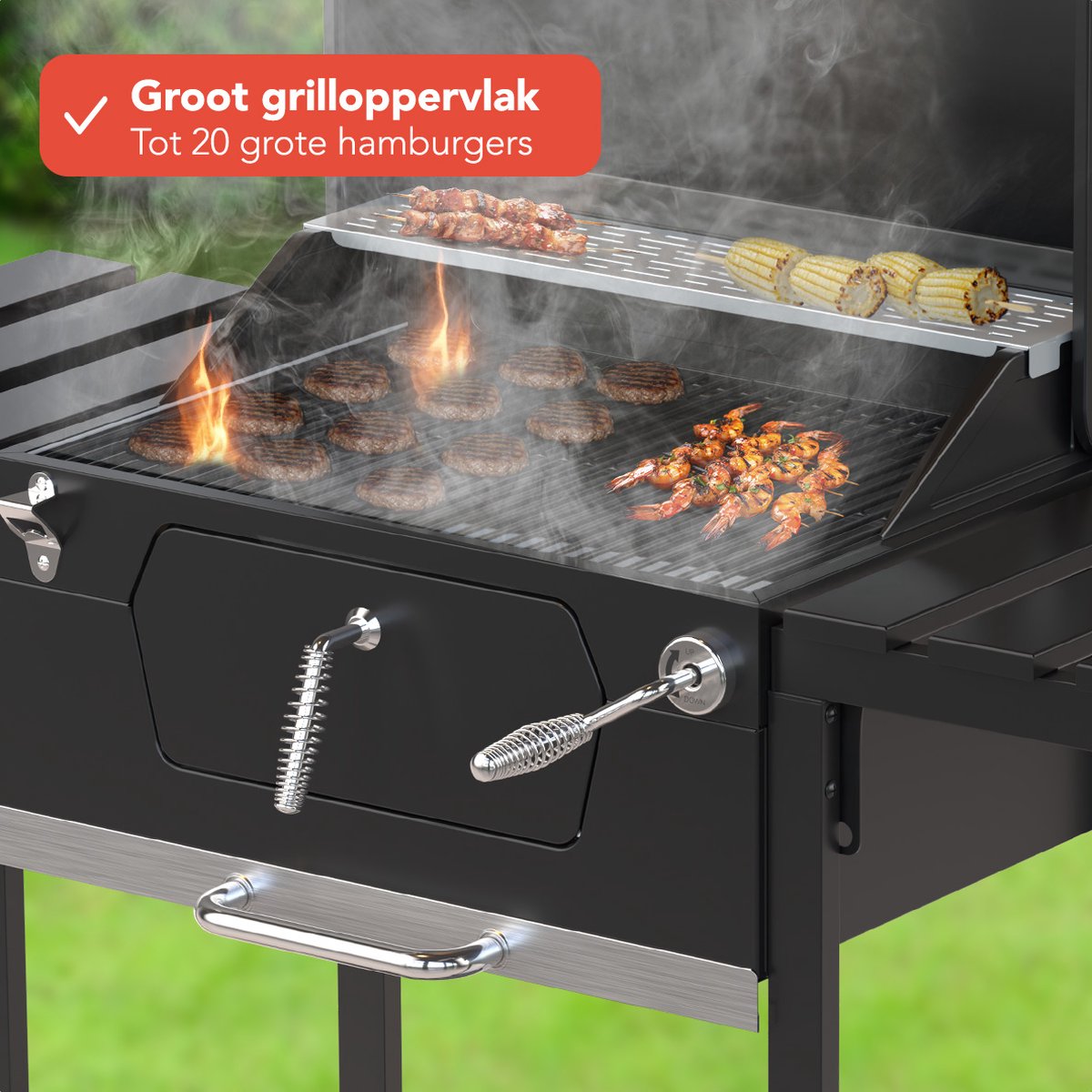 KitchenBrothers Houtskool BBQ - Smoker Barbecue - Verstelbaar Kolenrooster - PFAS Vrij - 42x57cm Grilloppervlak - Zijpanelen - Zwart - afbeelding 4
