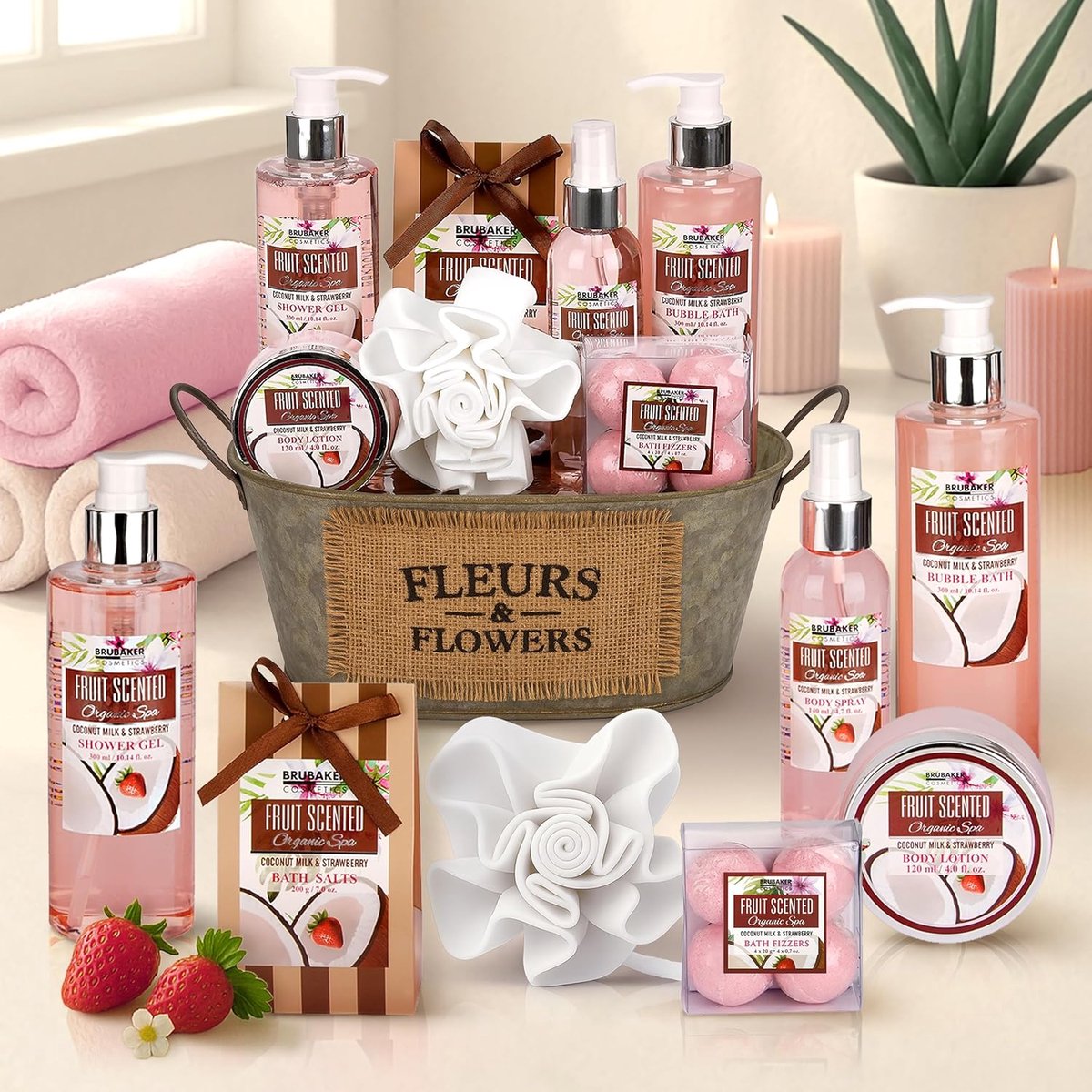 BRUBAKER Cosmetics Bad- en Doucheset, Kokosnoot & Aardbeigeur - Cadeautip Vrouw - Cadeau Idee - 11-delige Cadeauset in Vintage Plantenbak - Cadeau - Bodylotion - douchegel - Moederdag Cadeautje - afbeelding 2