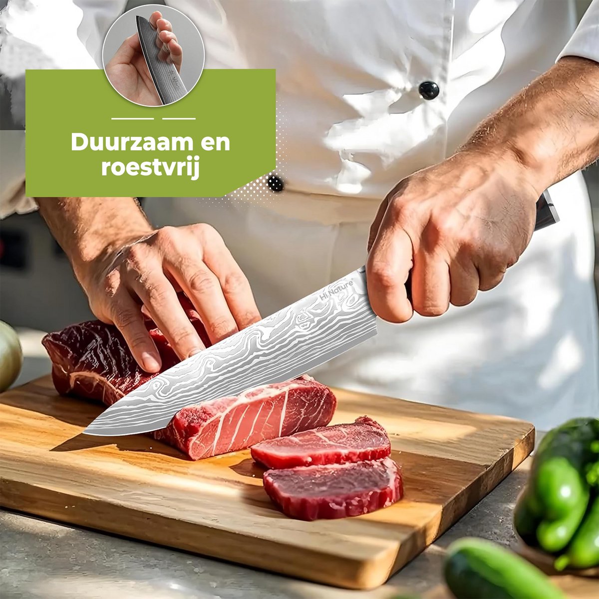 HI NATURE™ Koksmessen - Professioneel Koksmes Japans 20 CM Lemmet - Chef knife Damascus Patroon - Keuken Mes - Vleesmes - Japans Snijmes | Ergonomisch Handvat Koksmessen - japanse messen - Zwart - afbeelding 5
