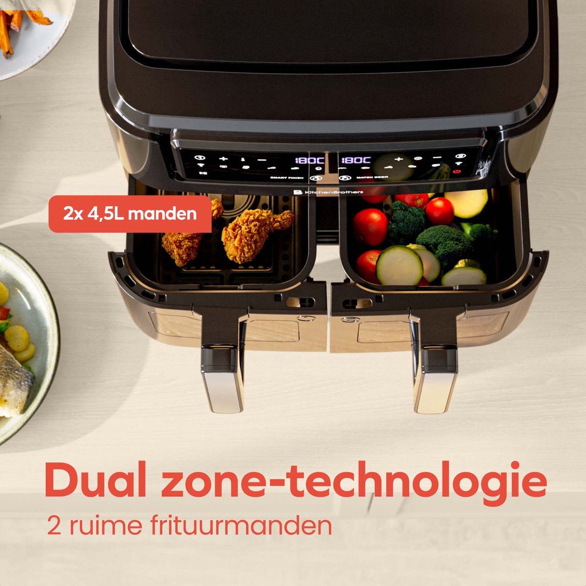 KitchenBrothers Dubbele Airfryer - PFAS-vrij - 2400W - Dual Zone - 9L - Heteluchtfriteuse - Airfryer XXL - 2 x 4.5L - 10 Kookprogramma's - Zwart - afbeelding 4