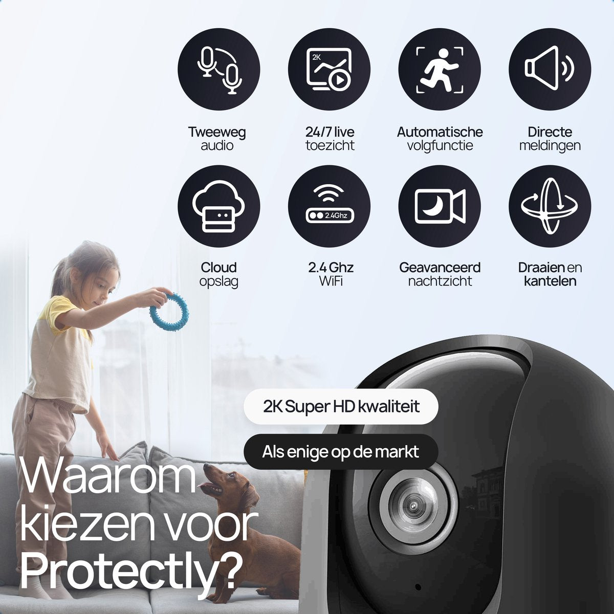 Protectly® Beveiligingscamera binnen - 2K Ultra HD - 64GB SD - Huisdiercamera met app - Beveiligingscamera's - Wifi Camera APP - Volgt beweging en geluidsdetectie - Bewakingscamera - 2.4/5 GHz - Zwart - afbeelding 2