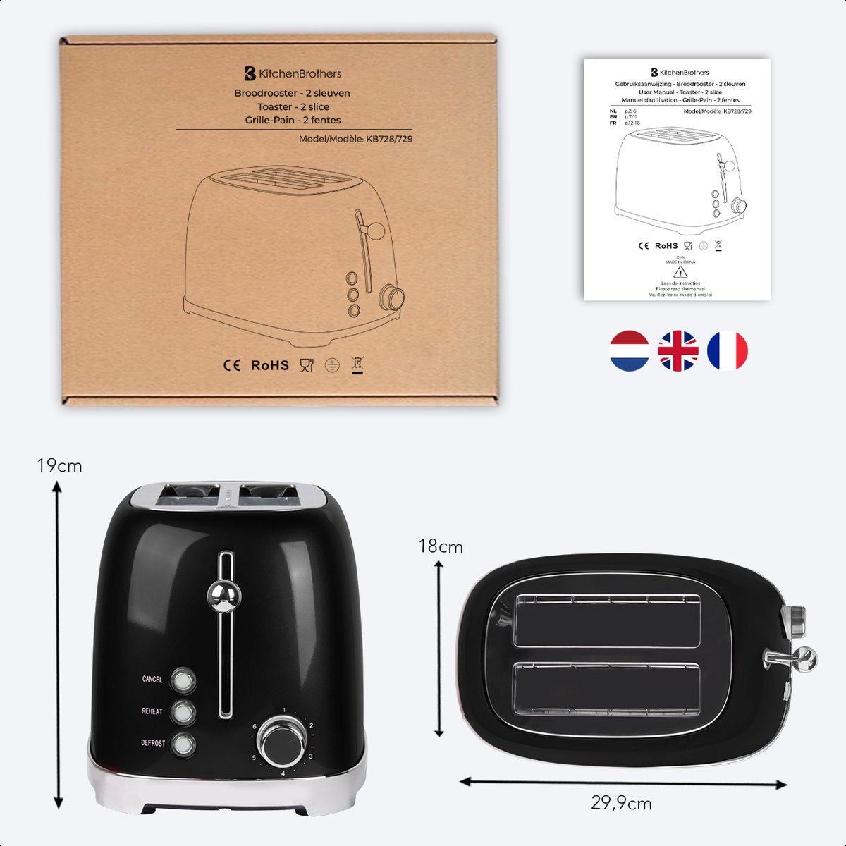 KitchenBrothers Retro Broodrooster - Toaster - 6 Warmteniveaus - 2 Extra Brede Sleuven - BPA-vrij - 815W - Zwart - afbeelding 5